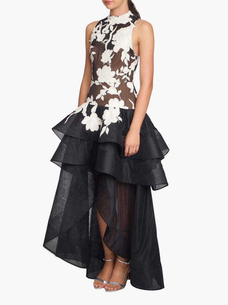 LEATHER GUIPURE HIGH NECK SLEEVELESS TIERED GOWN 3