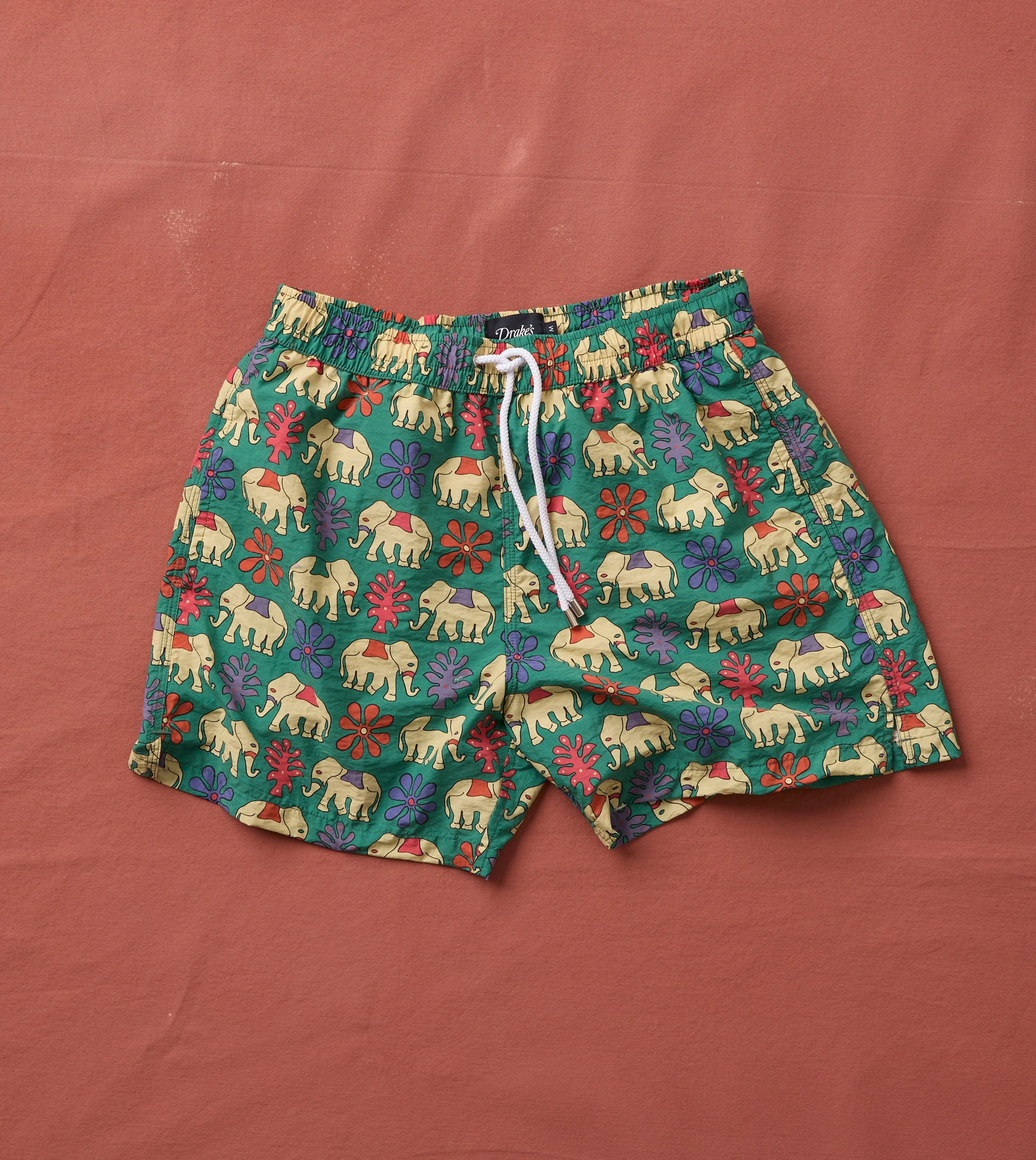 Elephant Print Nylon Drawstring Swim Shorts - 1