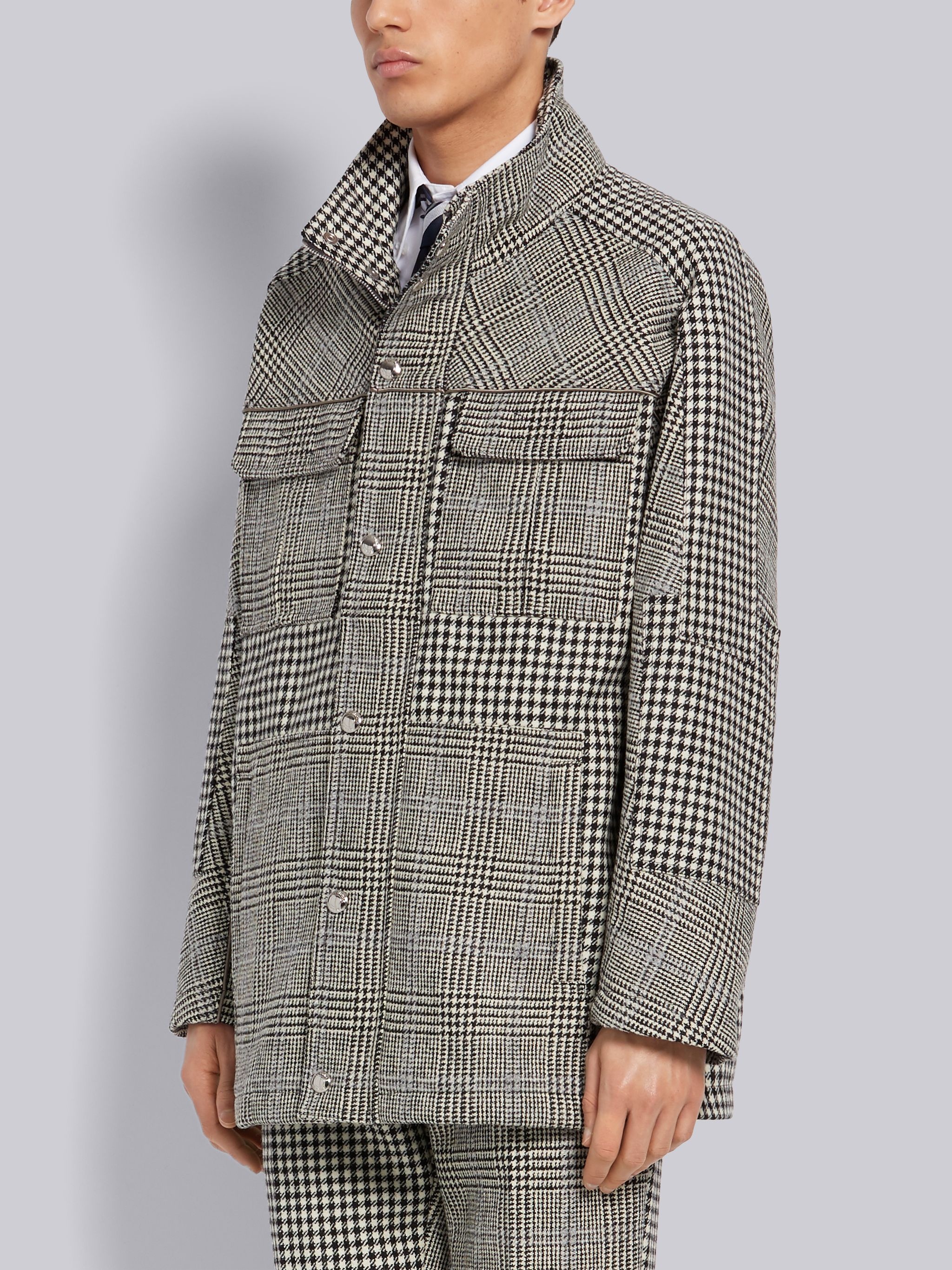 Black and White Prince of Wales Overcheck Wool Hunting Tweed Nautical Snap Front Jacket - 2