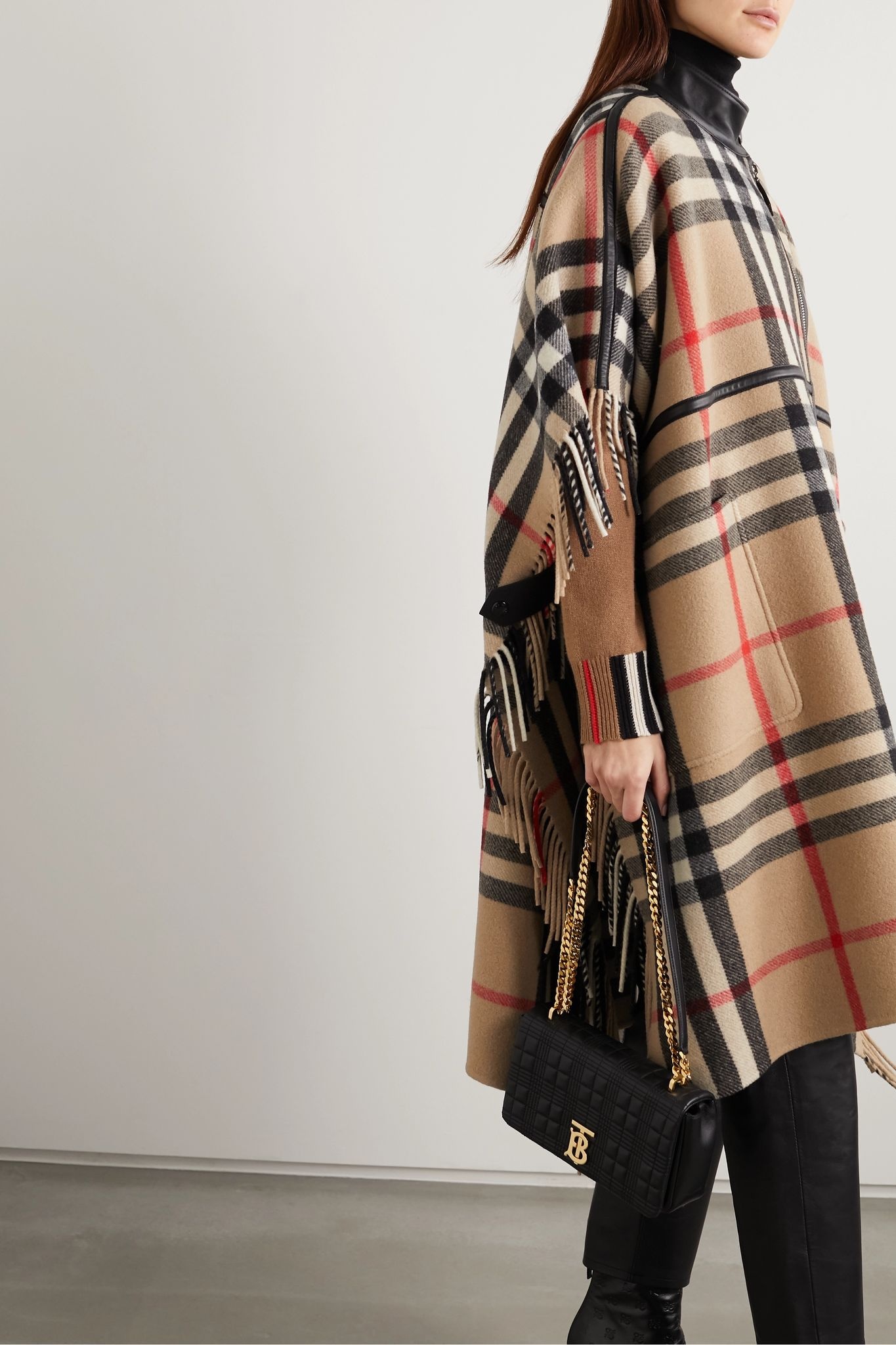 Leather-trimmed fringed checked wool-blend cape - 3