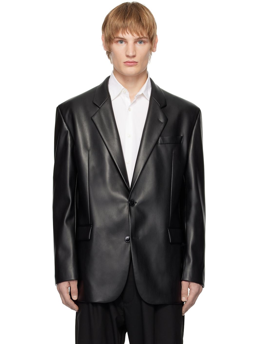 Black Vented Faux-Leather Blazer - 1