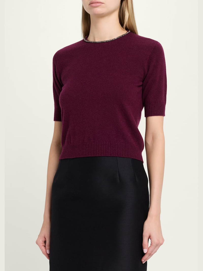 Embellished Short-Sleeve Cashmere Crewneck Sweater 4