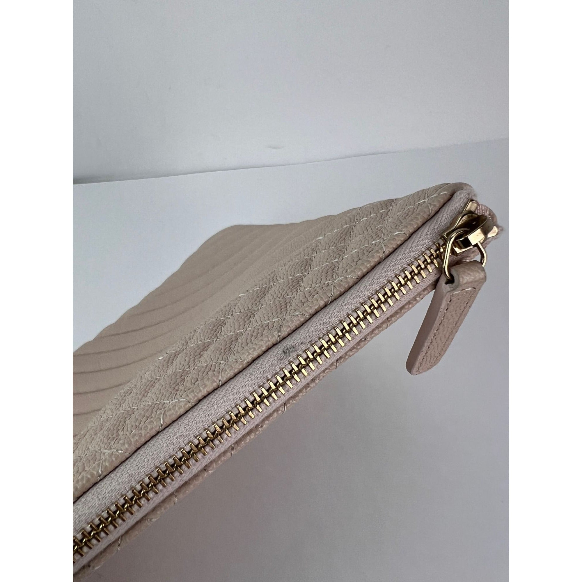 Chanel Caviar Chevron Quilted Large Beige Leather Cosmetic Clutch Bag - 9