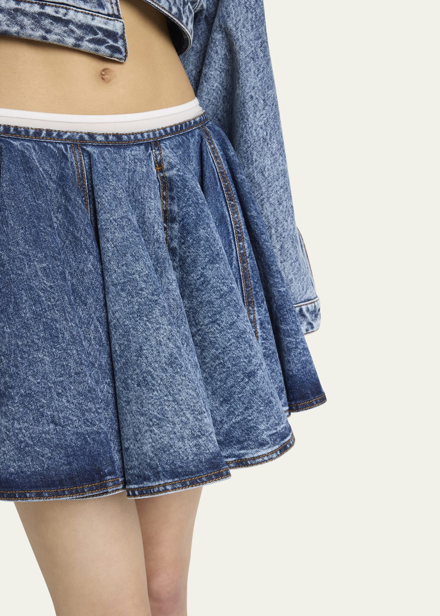 Flared Denim Pleated Mini Skirt - 5