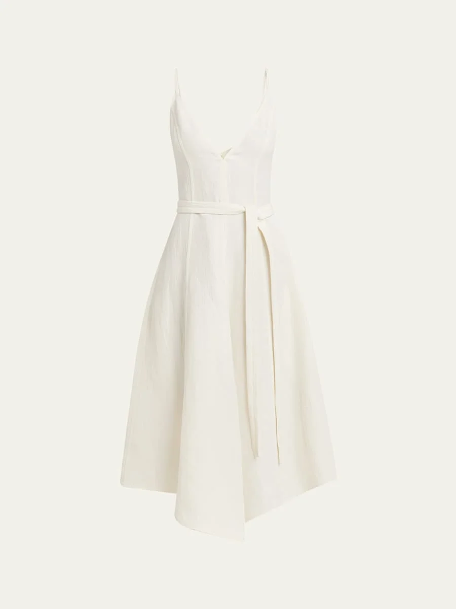 Elaine Plunging Belted Linen-Blend Midi Dress - 1