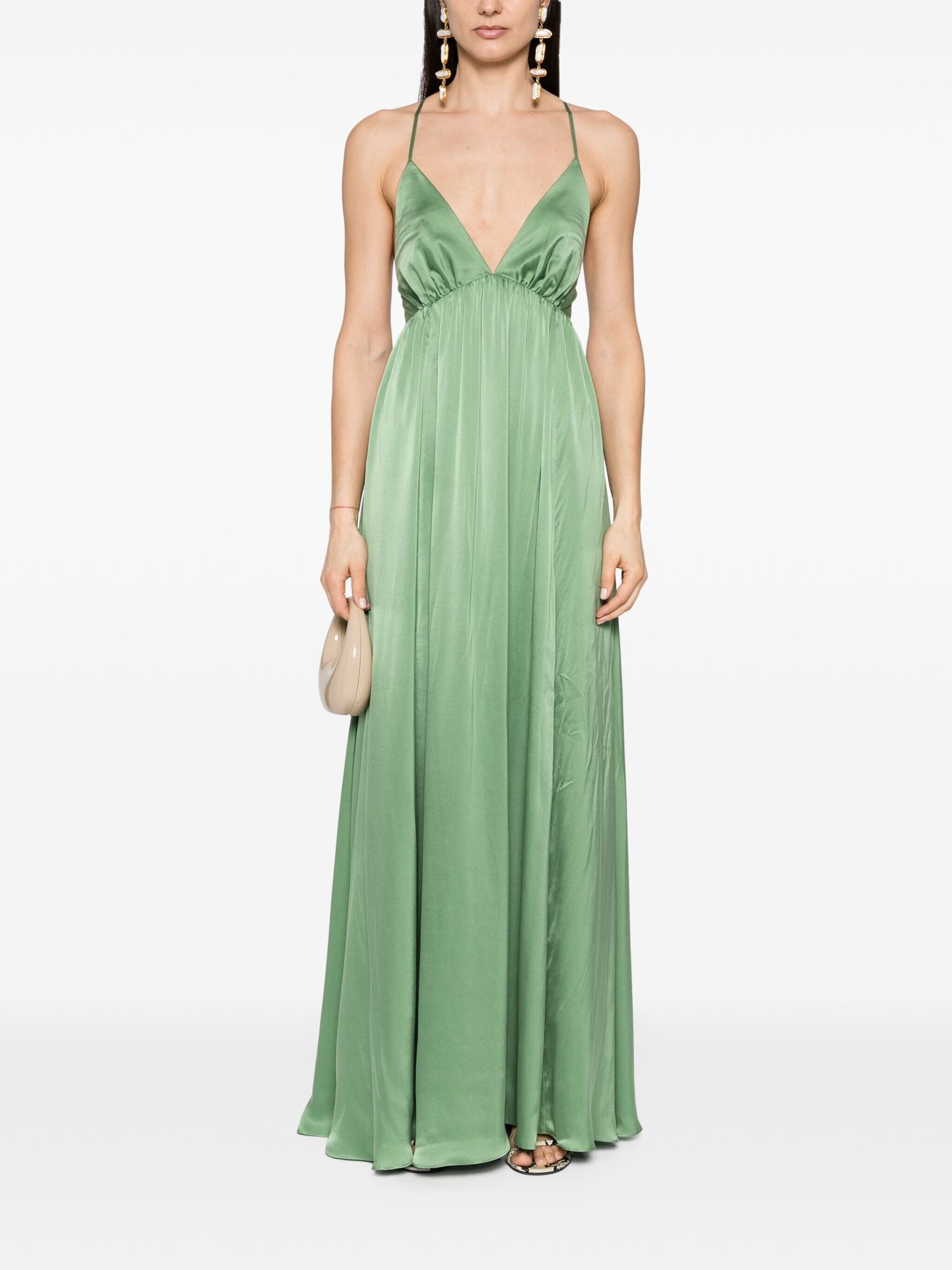 Green V-Neck Silk Maxi Dress - 2