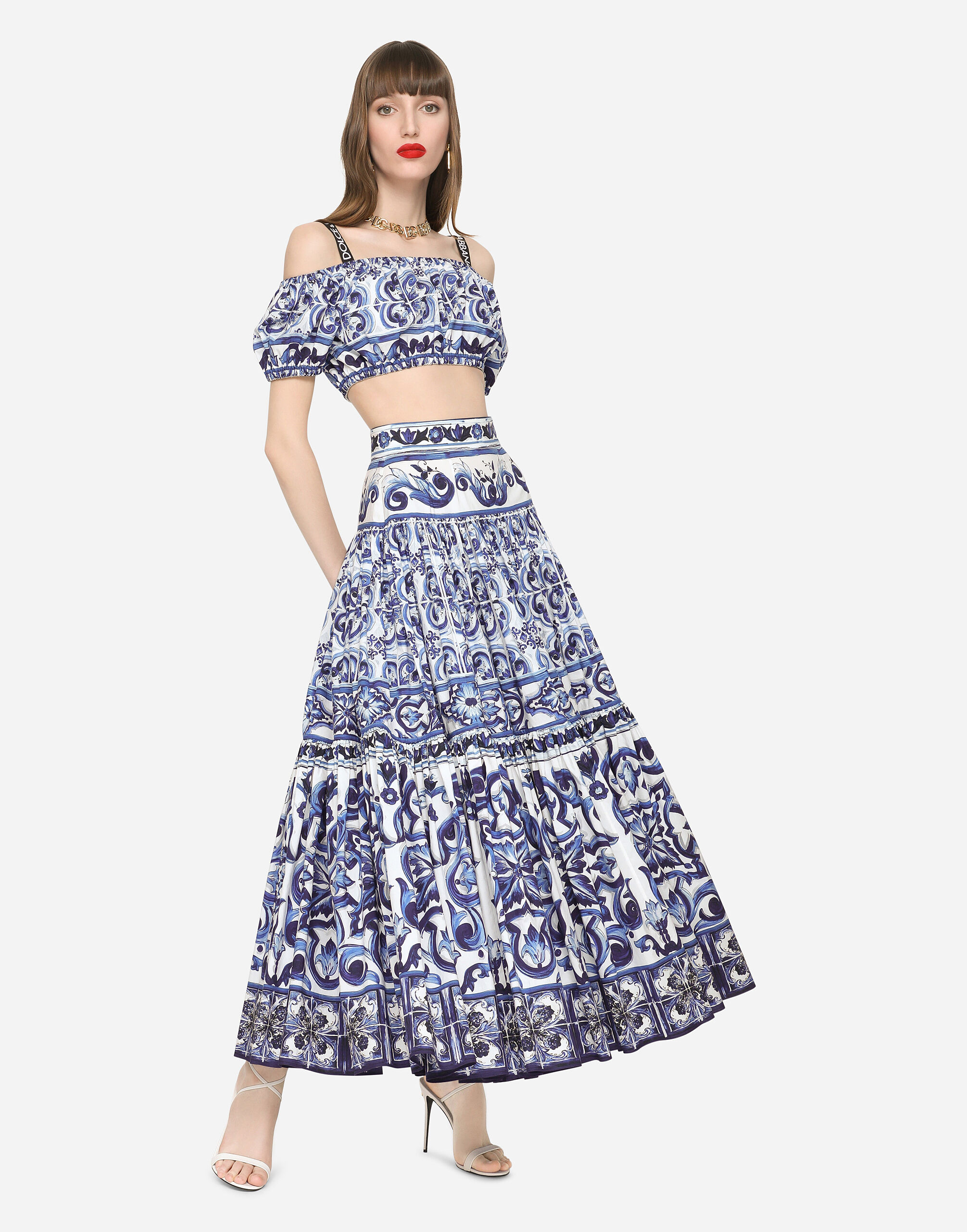 Long majolica-print poplin skirt - 2
