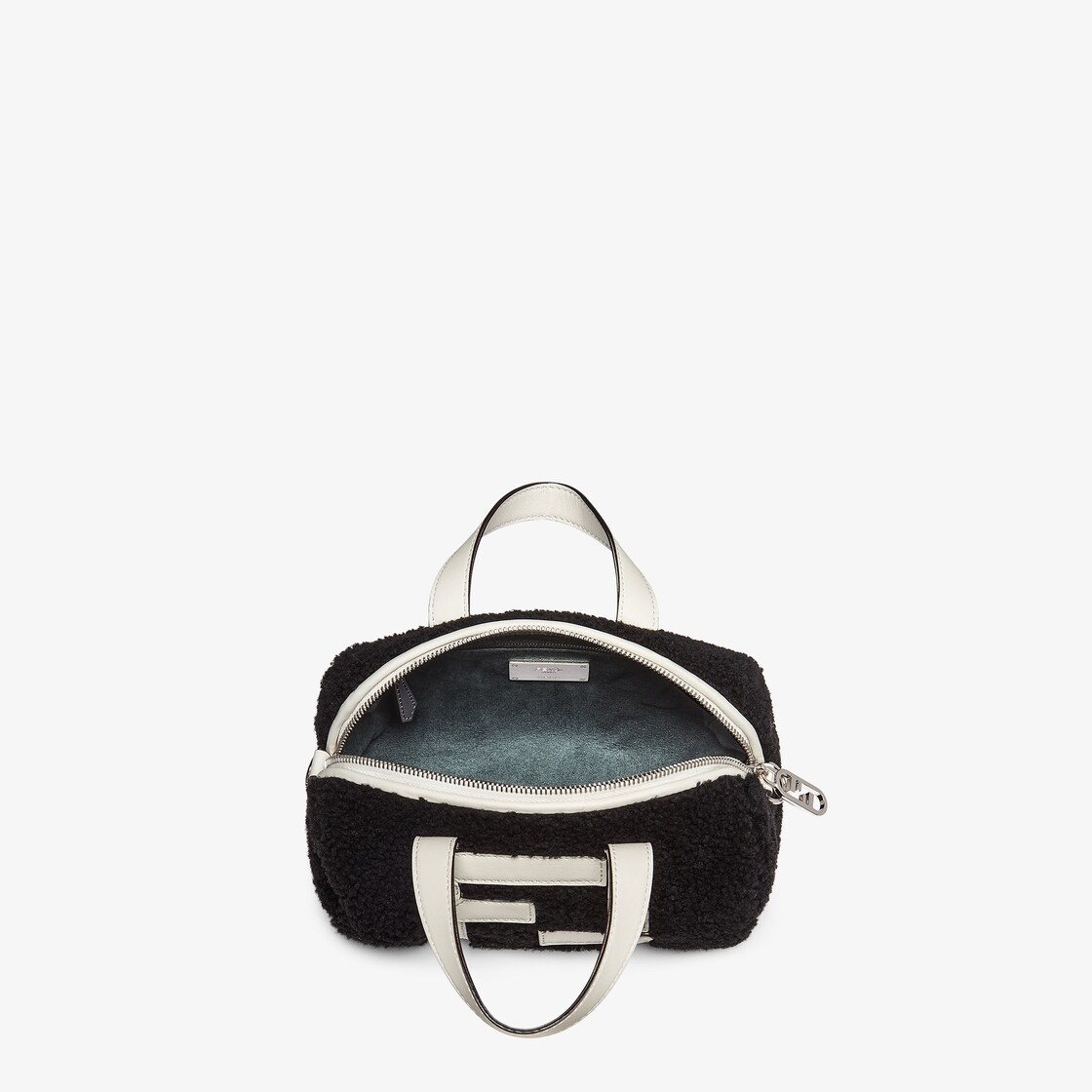 Mini bowling bag made of black sheepskin with white leather appliqués which create an FF motif. Line - 4