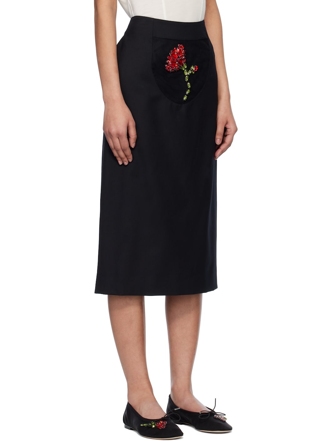 Black Embellished Flower Peek-A-Boo Midi Skirt - 2