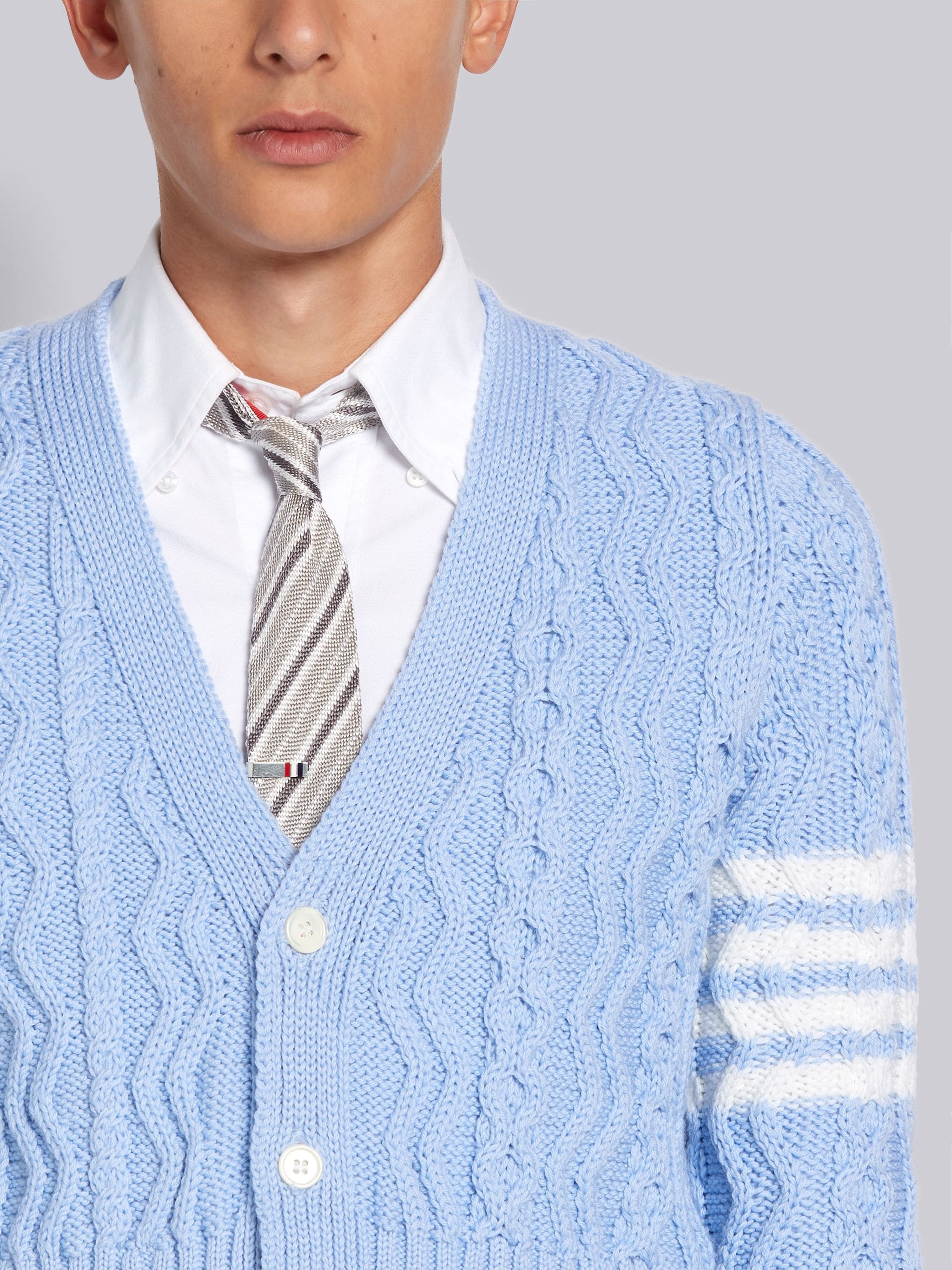 Light Blue Fine Merino Wool Aran Cable 4-Bar Classic V-neck Cardigan - 5