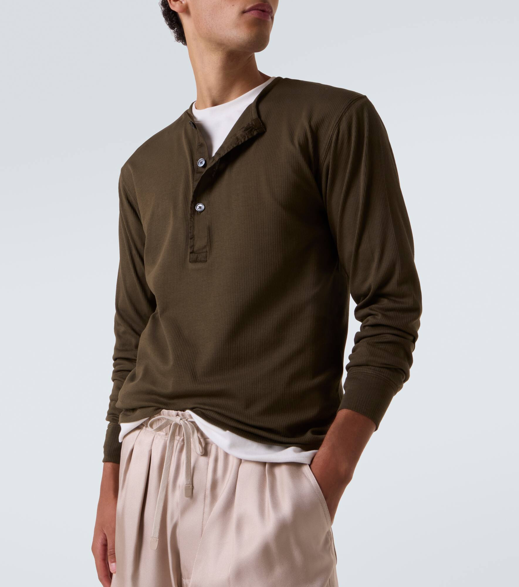 Ribbed-knit cotton-blend Henley shirt - 5