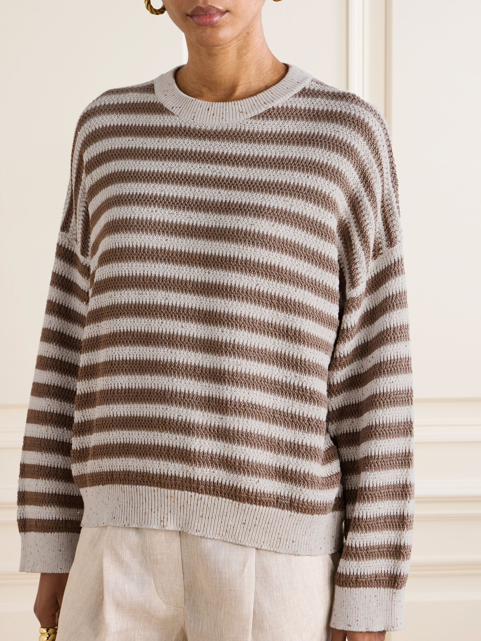 Sequin-embellished striped cotton-blend sweater Tan - 3