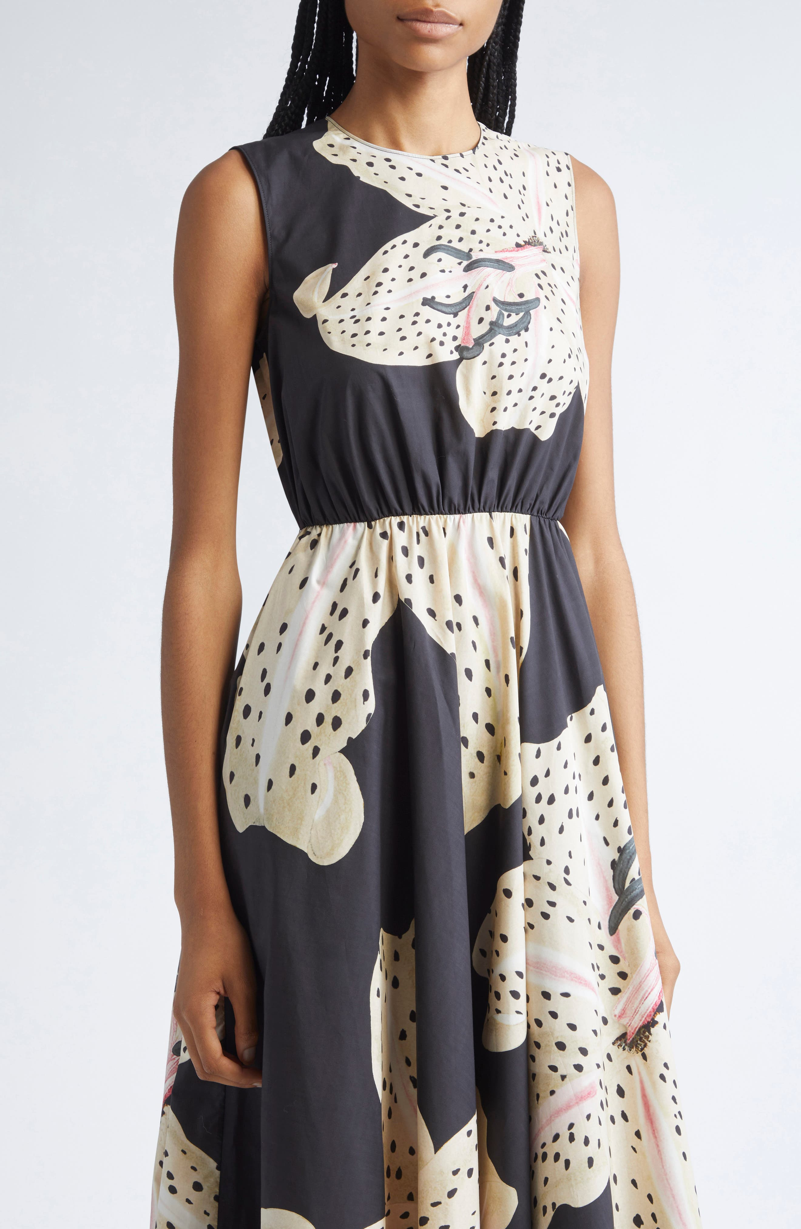 Giambattista Valli Tiger Lily Print Sleeveless A-Line Dress in Black/Ivory at Nordstrom - 4