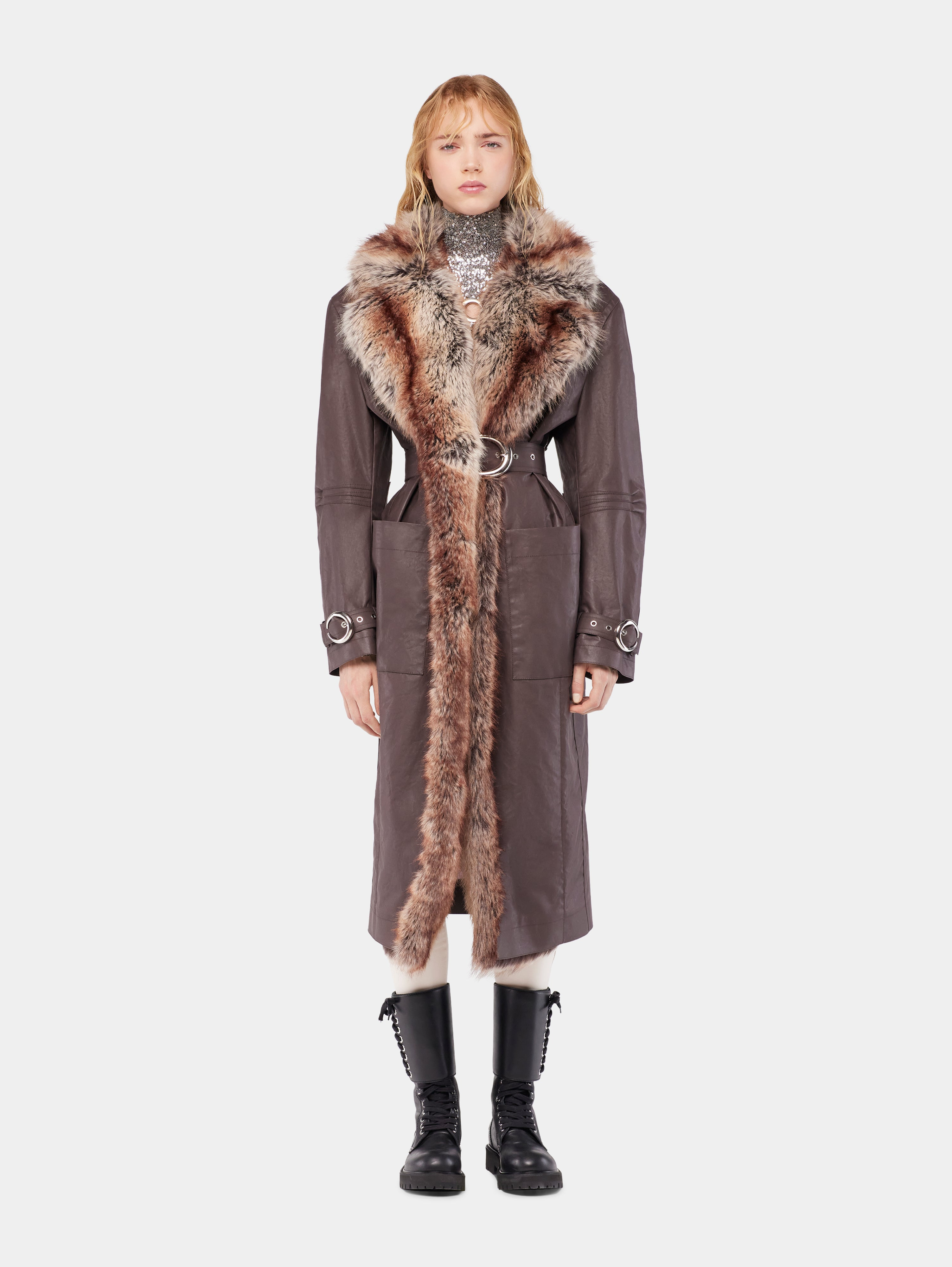 TRENCH COAT WITH FAKE FUR TRIMS - 2