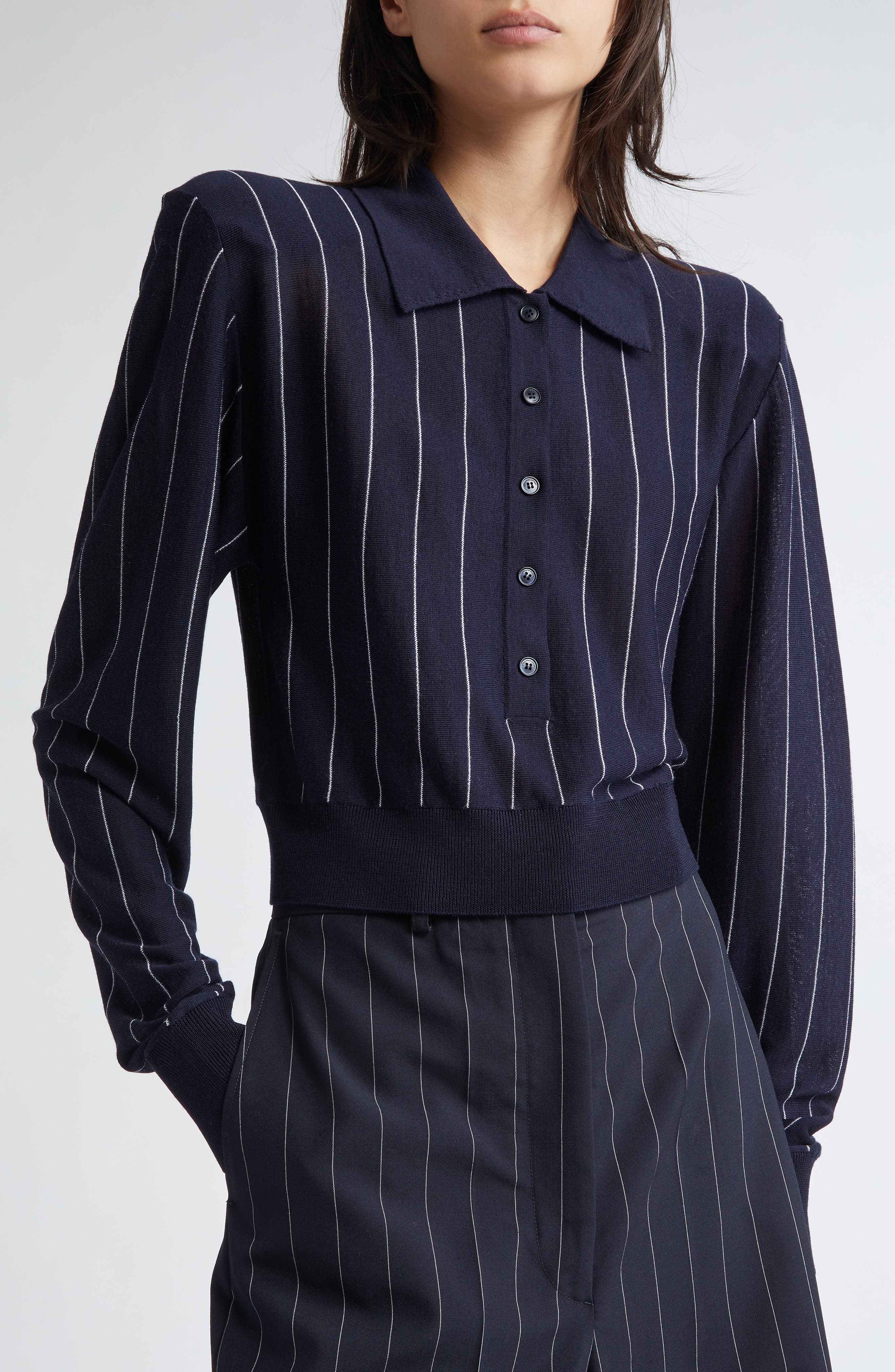 Stella McCartney Pinstripe Long Sleeve Virgin Wool Crop Polo in Ink/White at Nordstrom - 5