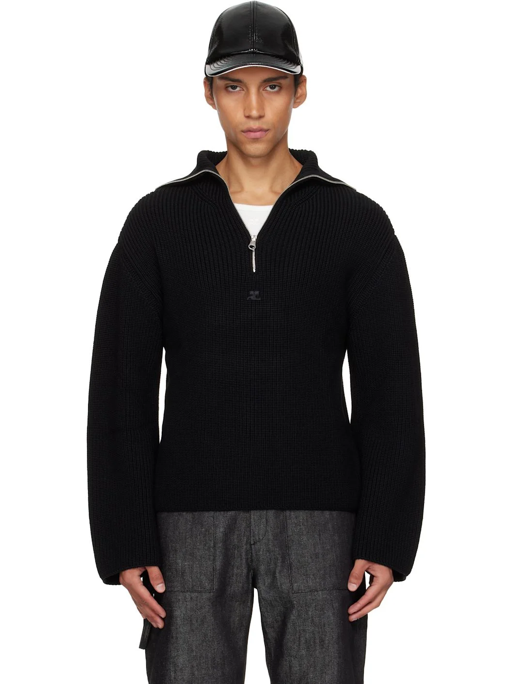 Black Ribbed Wool Trucker Sweater - 1