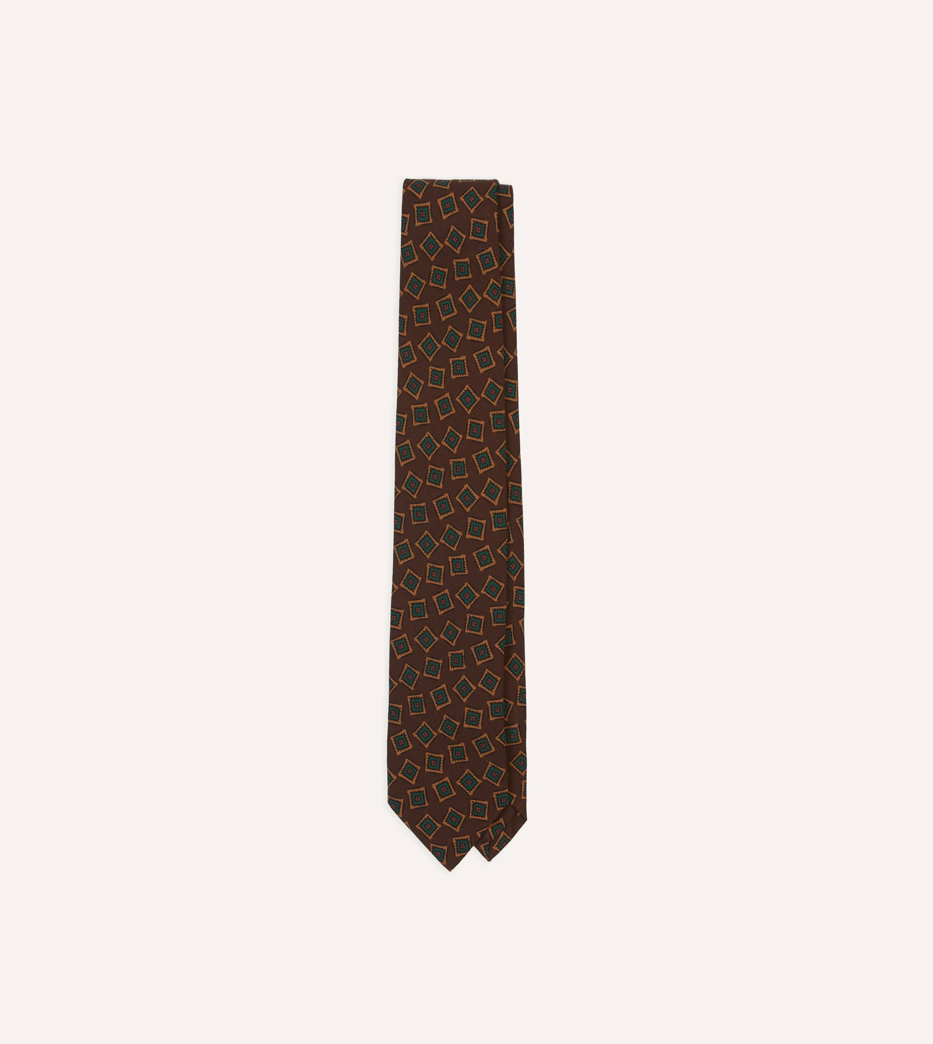 Brown and Green Jumbled Medallion Print Silk Self-Tipped Tie - 1