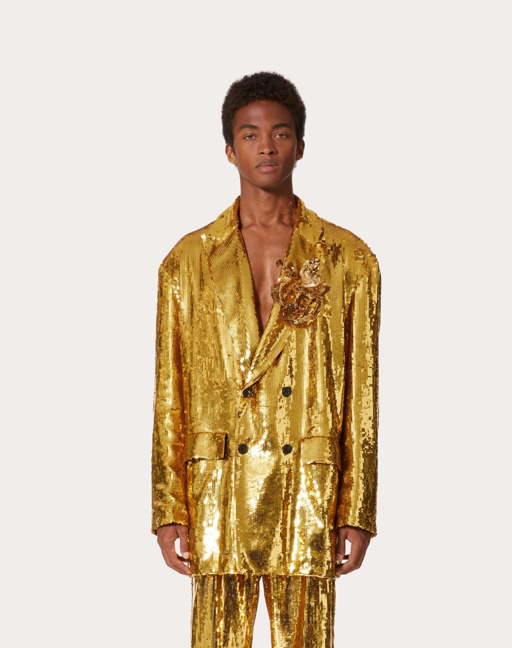 DOUBLE-BREASTED ORGANZA JACKET WITH ALL-OVER SEQUINS AND FLORAL PATCH - 3
