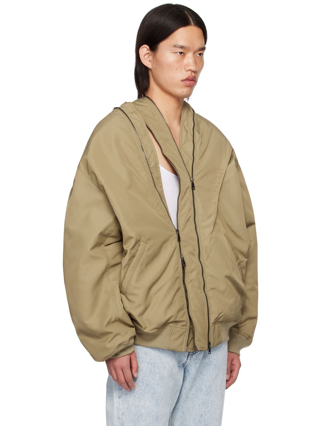 Beige Double Zip Bomber Jacket - 2