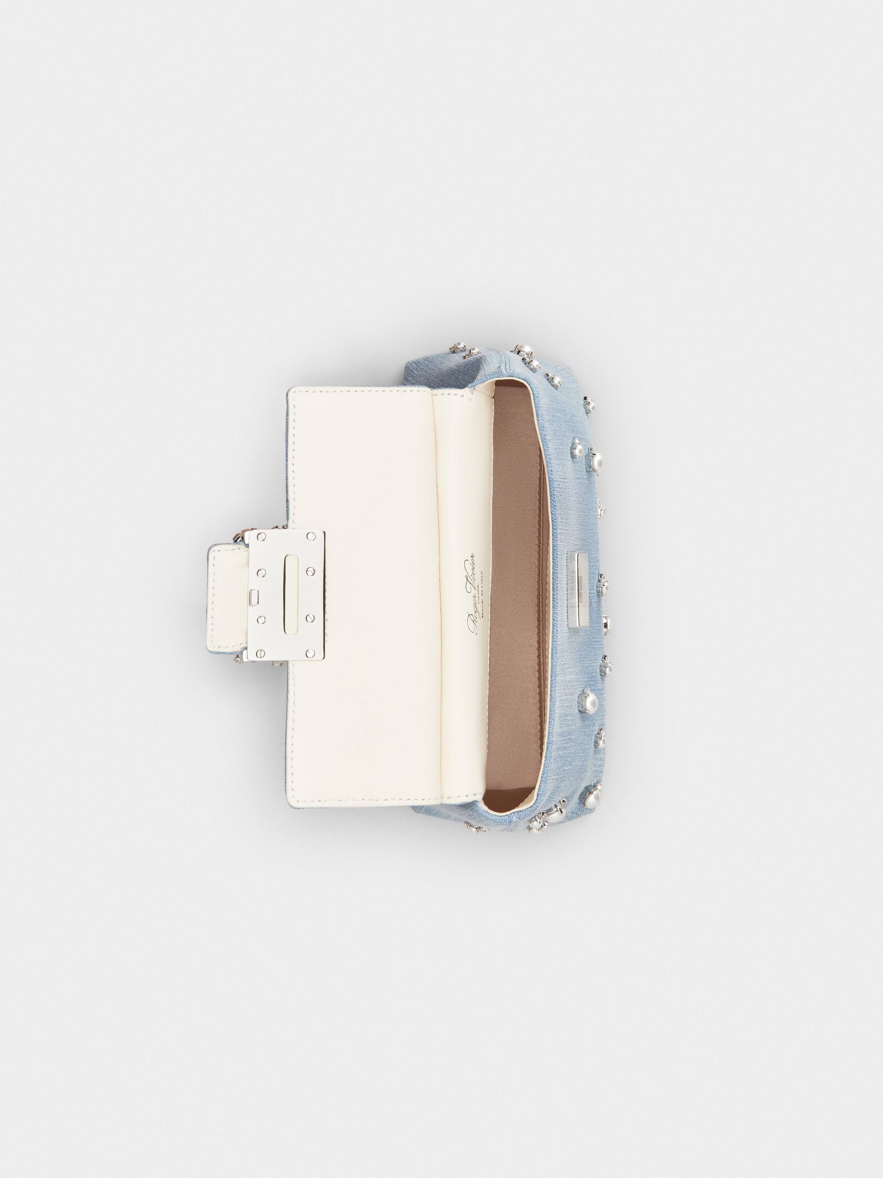Viv' Cabas Jewel Flower Strass Pearl Buckle Mini Bag in Denim - 6