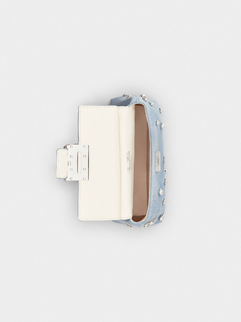 Viv' Cabas Jewel Flower Strass Pearl Buckle Mini Bag in Denim 6