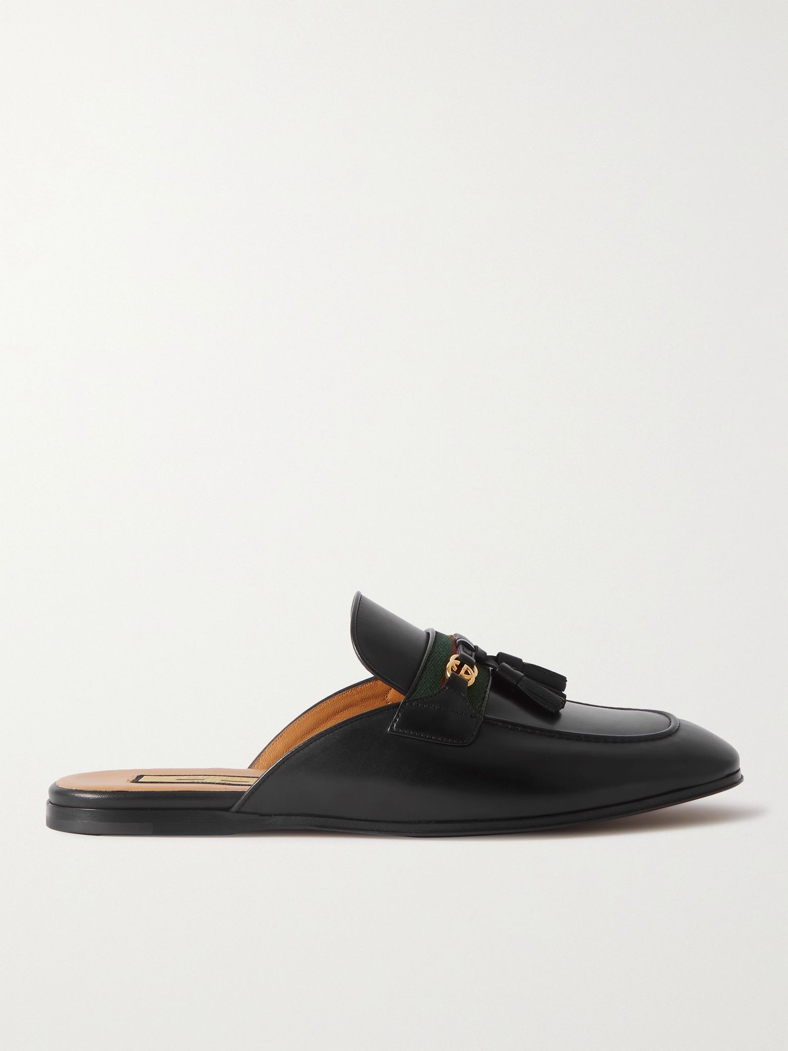 Webbing-Trimmed Leather Tasselled Backless Loafers - 1