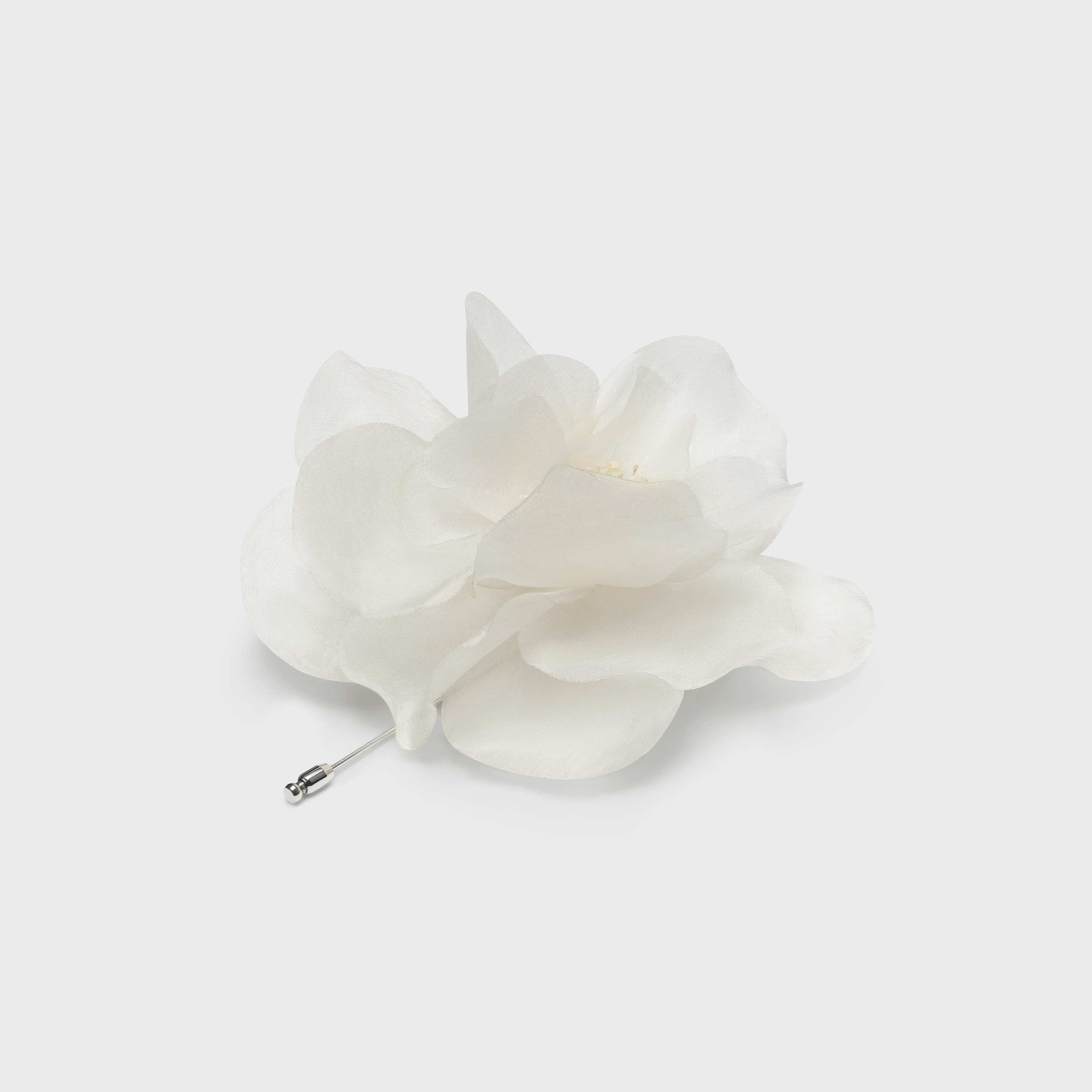 FLEUR CELINE PIVOINE LAPEL PIN IN WHITE SILK, BRASS WITH RHODIUM FINISH AND STEEL - 2