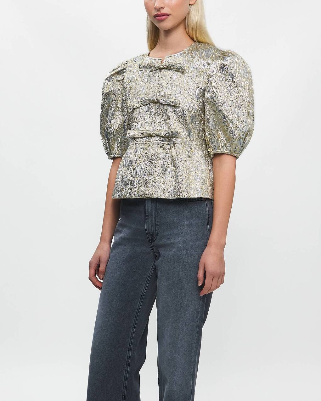 Blouse Metallic Cloque Peplum Silver/guld - 2