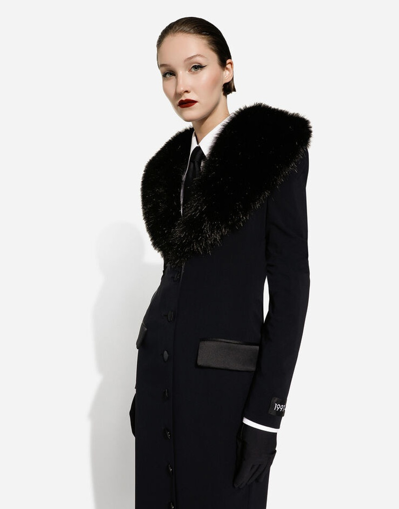 Long silk georgette coat with faux fur collar 5