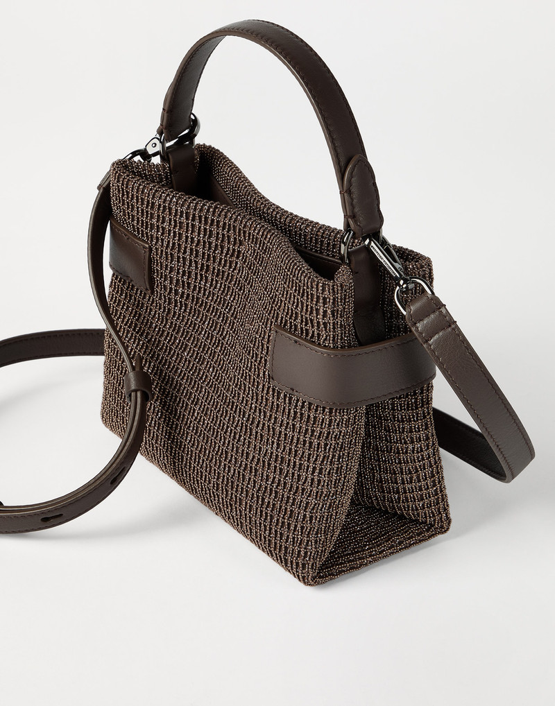 Essence small top-handle bag in riding leather with precious net embroidery 3