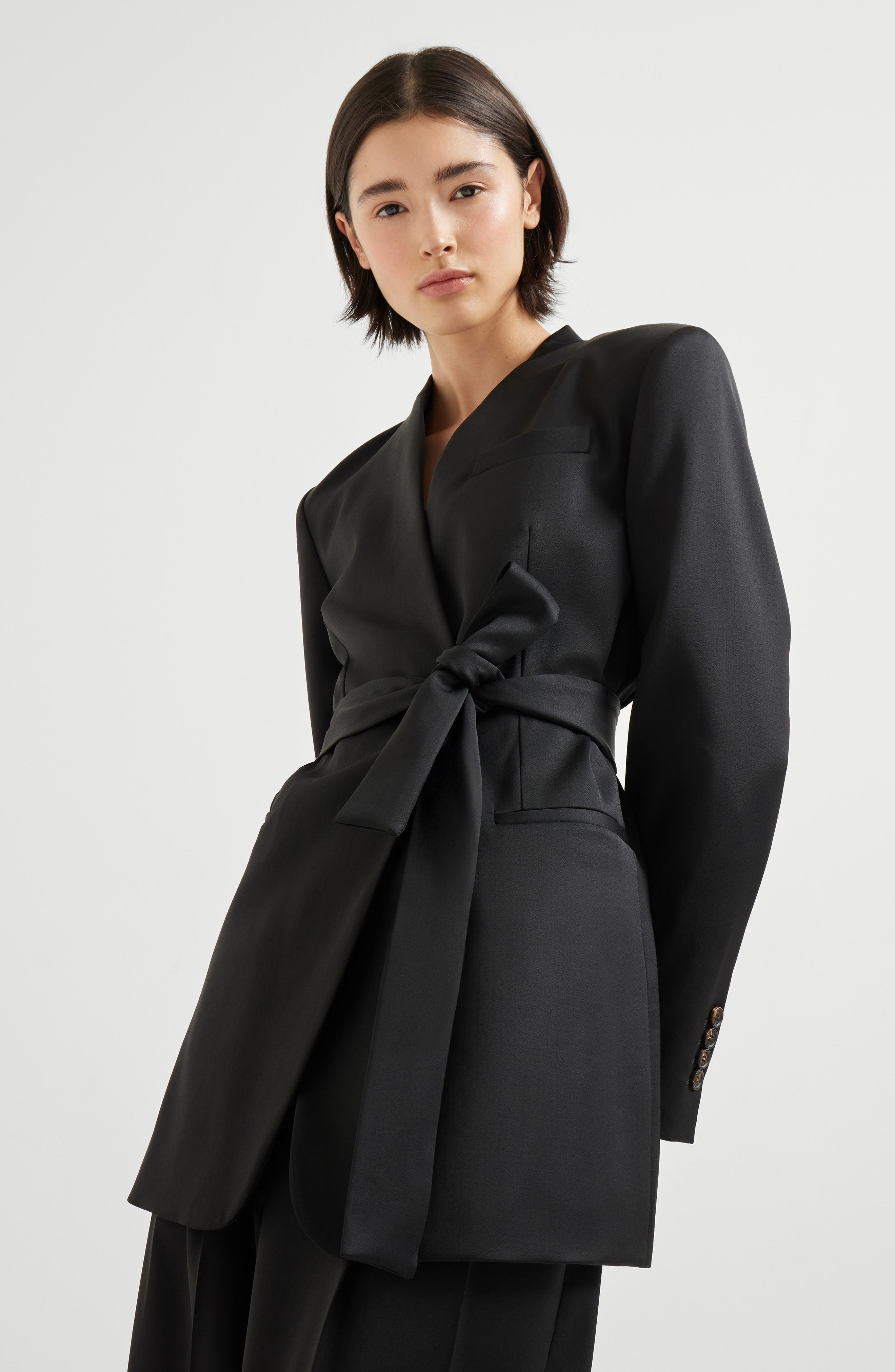 Brunello Cucinelli Satin belted blazer with monili in Black at Nordstrom - 4