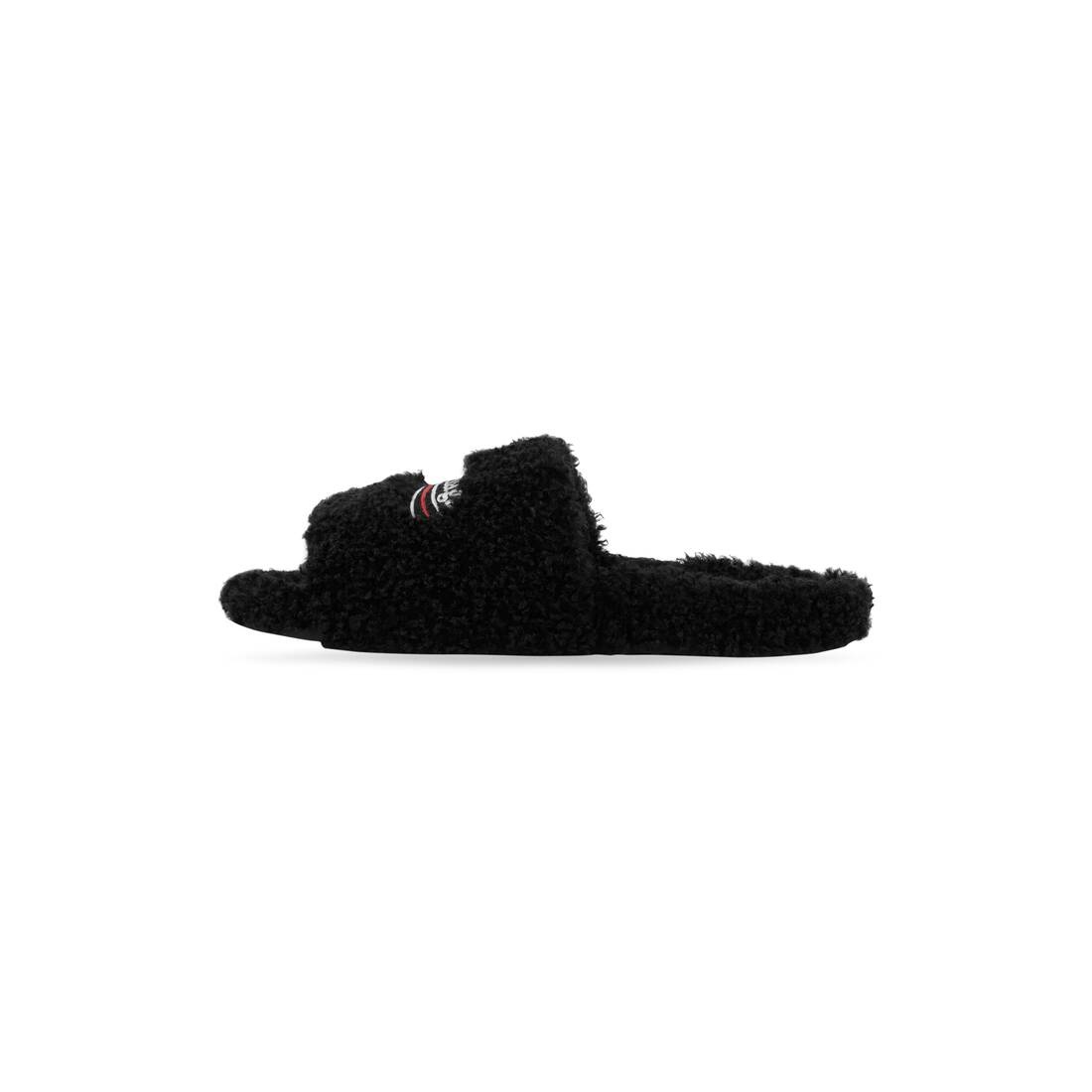 Balenciaga Women's Furry Slide Sandal Allover Logo - Black - Flat Sandals