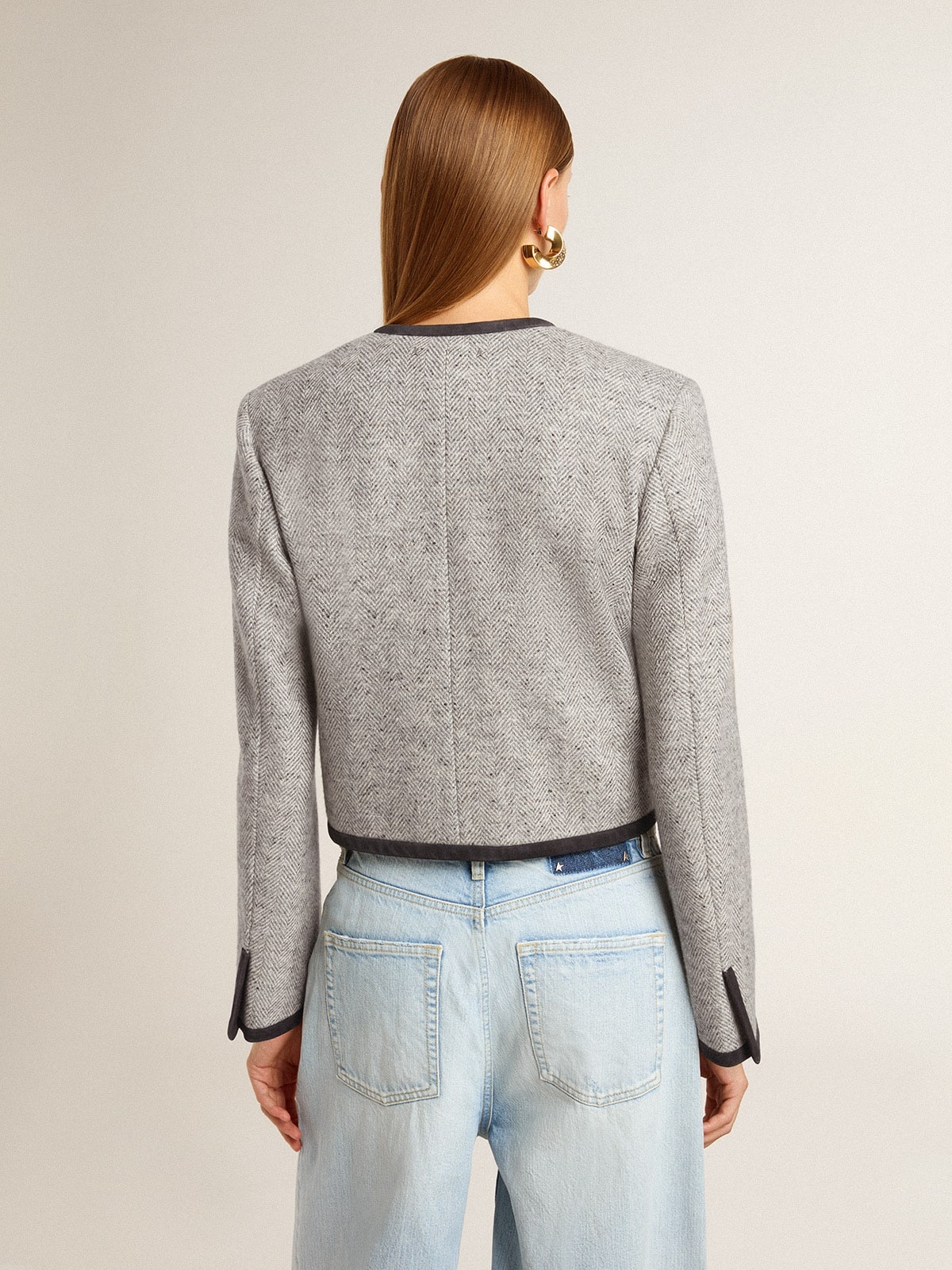 Women's grey wool and silk jacket with black suede trim - 4