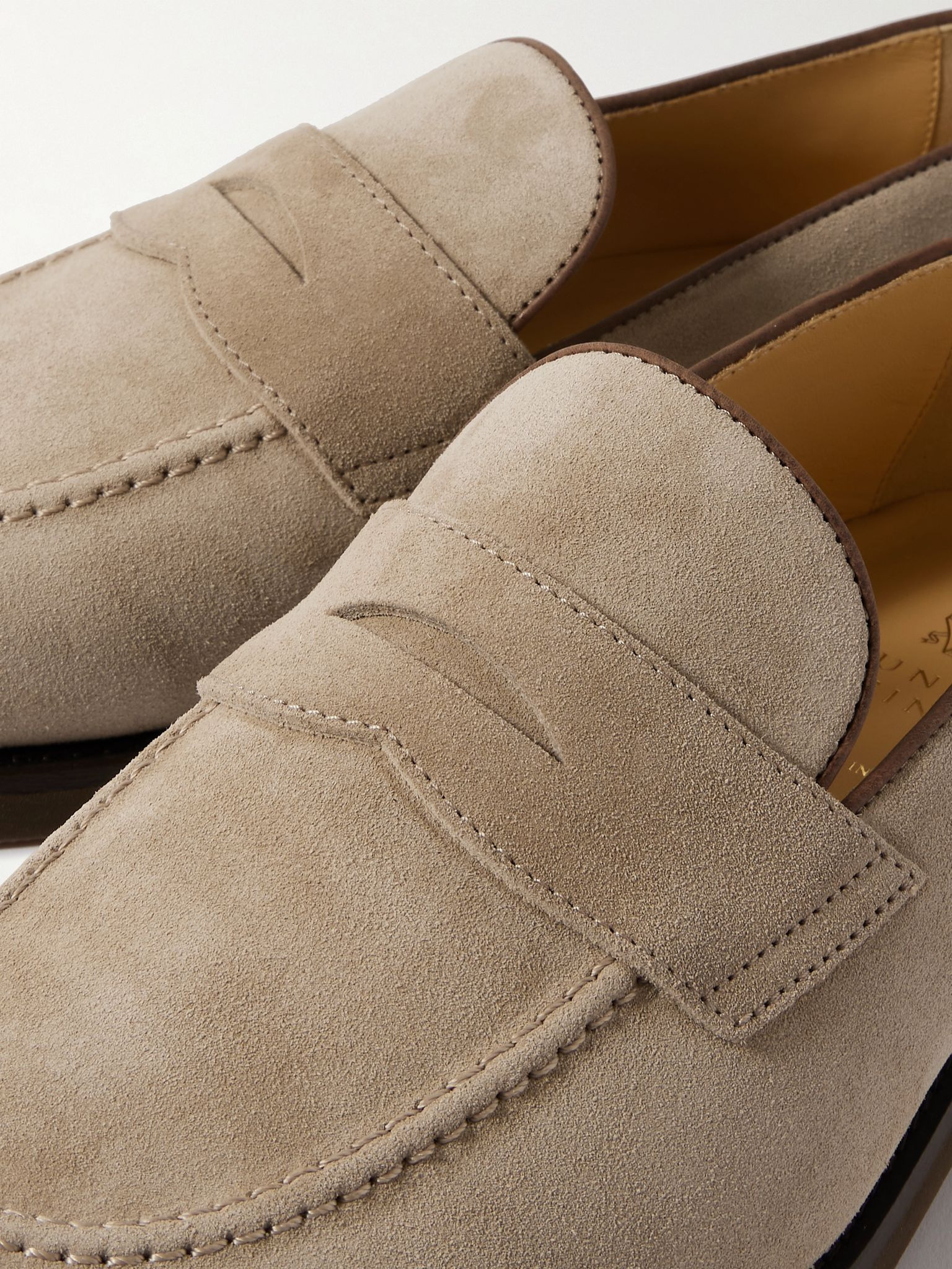Leather-Trimmed Suede Penny Loafers Taupe - 5