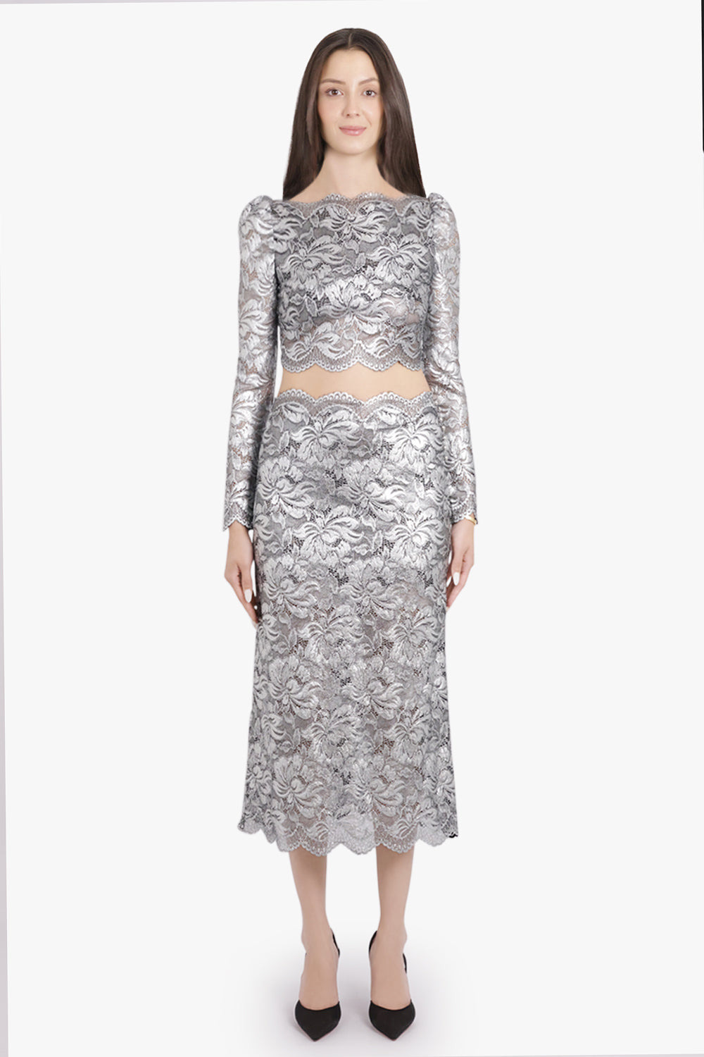 METALLIC CROPPED LACE L/S TOP | SILVER - 4