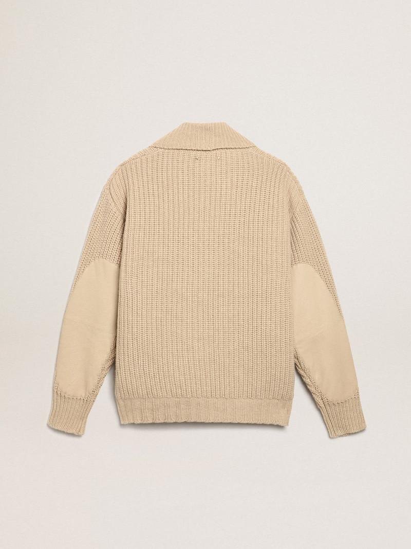 Men's double-breasted beige wool cardigan with leather patches 7