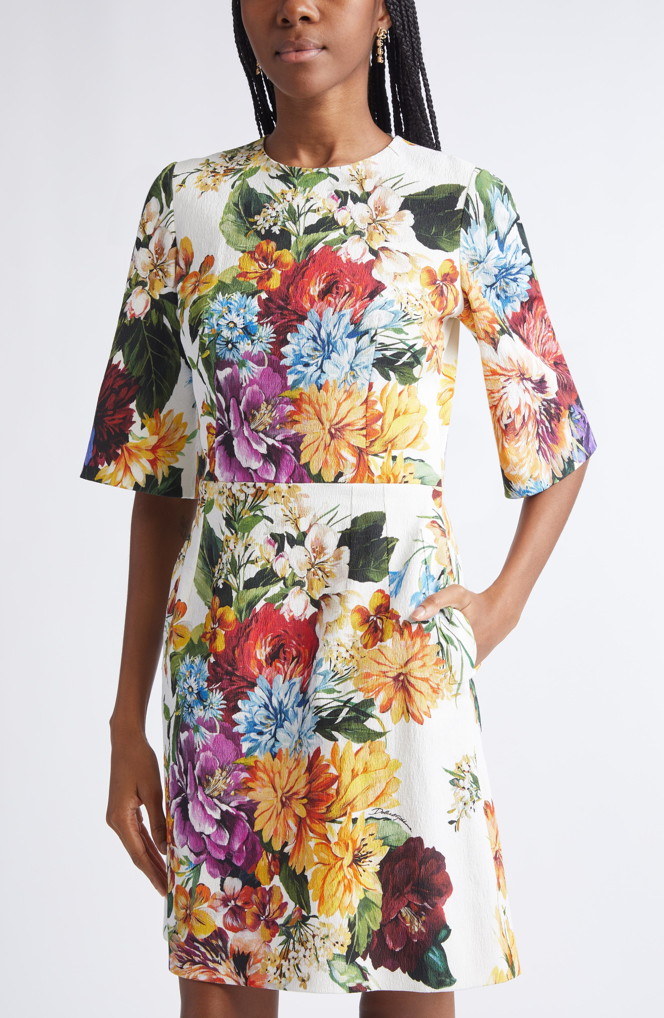 Dolce&Gabbana Floral Elbow Sleeve Sheath Dress in Ha5Pc B.fiori Cret. F.bco at Nordstrom - 4
