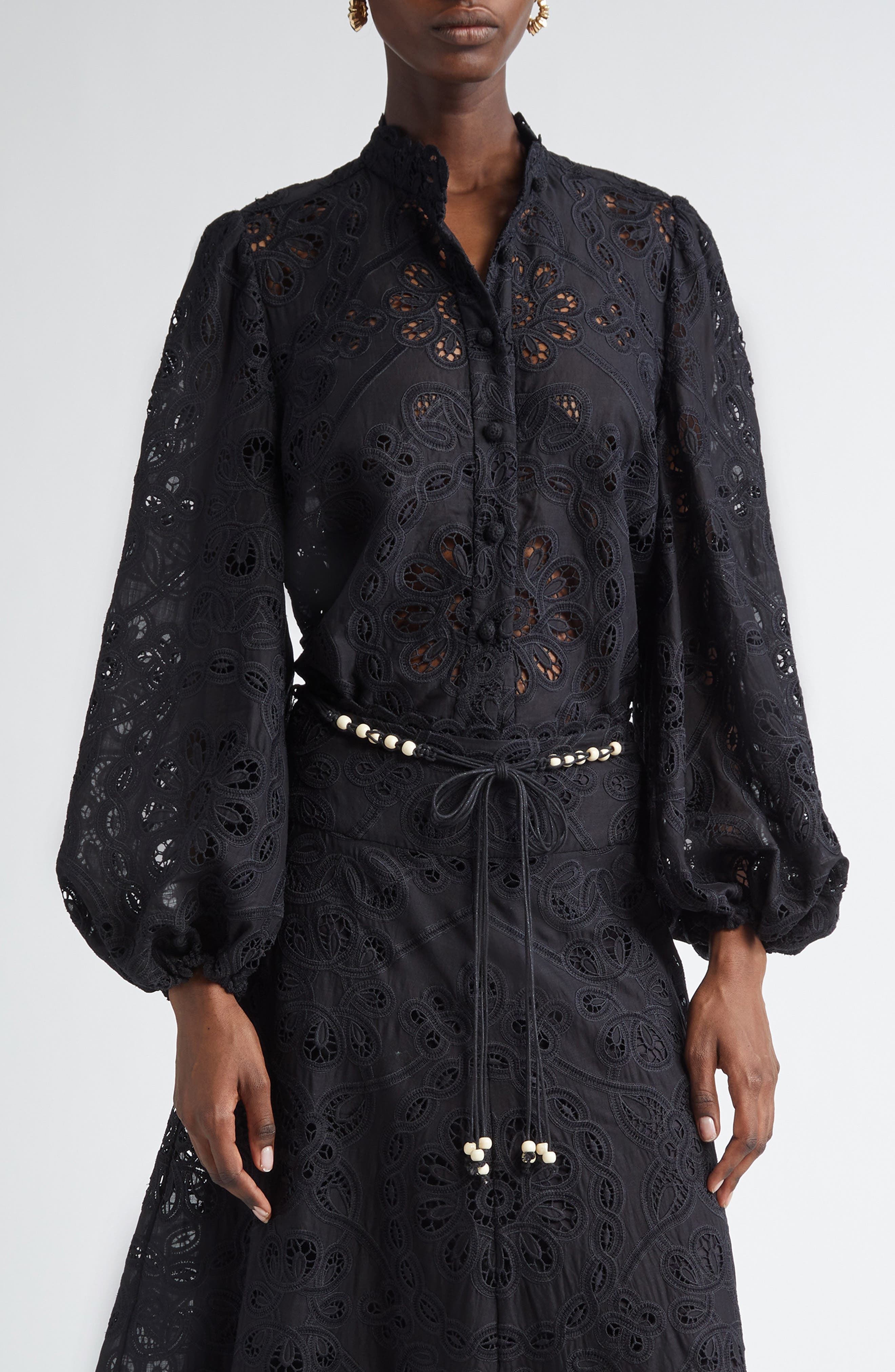 Zimmermann Rhiannon Guipure Lace Trim Cotton Shirt in Black at Nordstrom - 1
