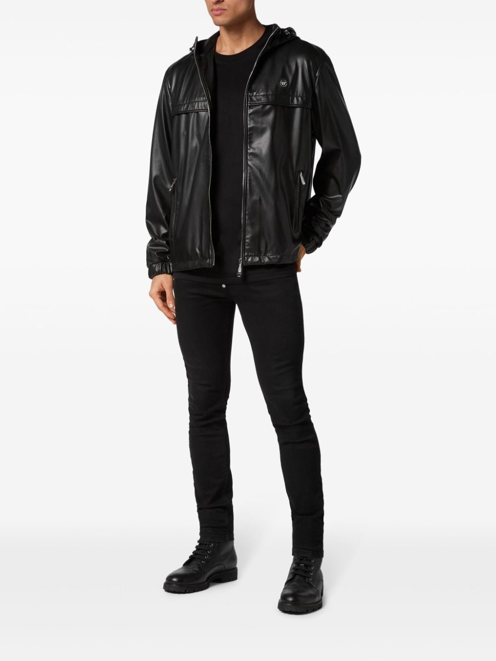 logo-appliquÃ© hooded leather jacket - 2