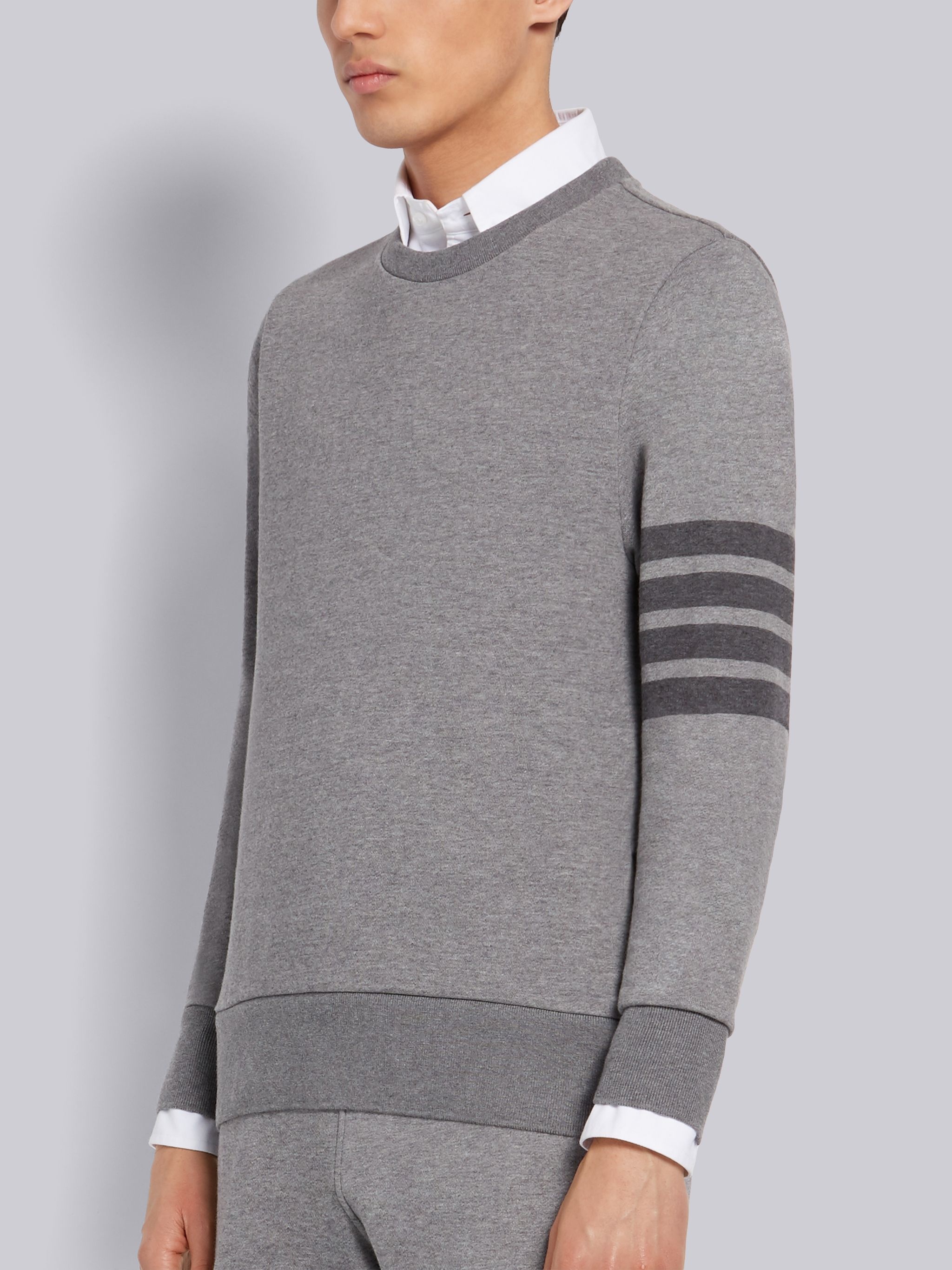 Medium Grey Cotton Loopback Relaxed Fit Tonal 4-Bar Crewneck Sweatshirt - 2