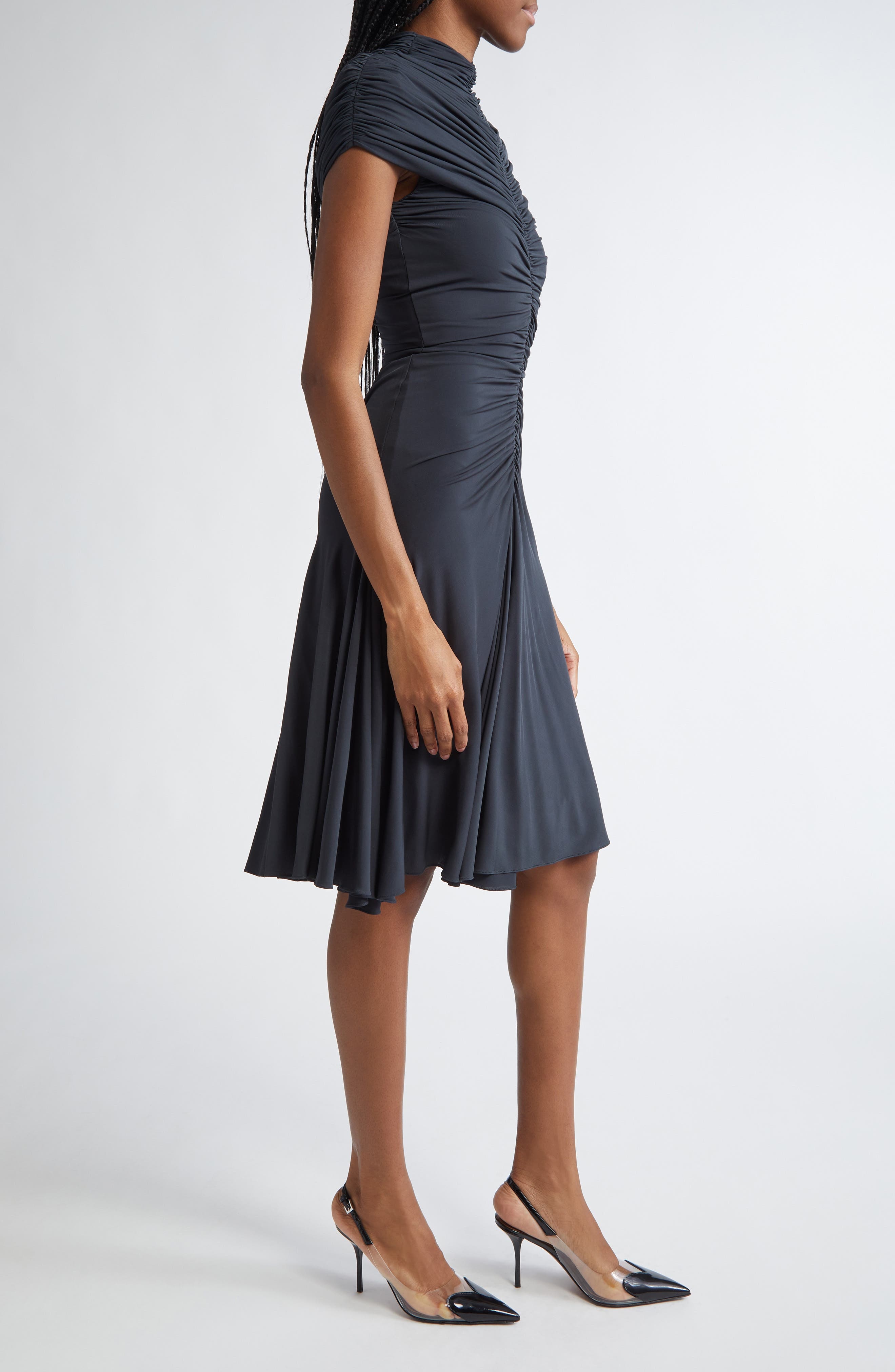 Alaïa Ruched Mock Neck Jersey Fit & Flare Dress in Ardoise at Nordstrom - 3