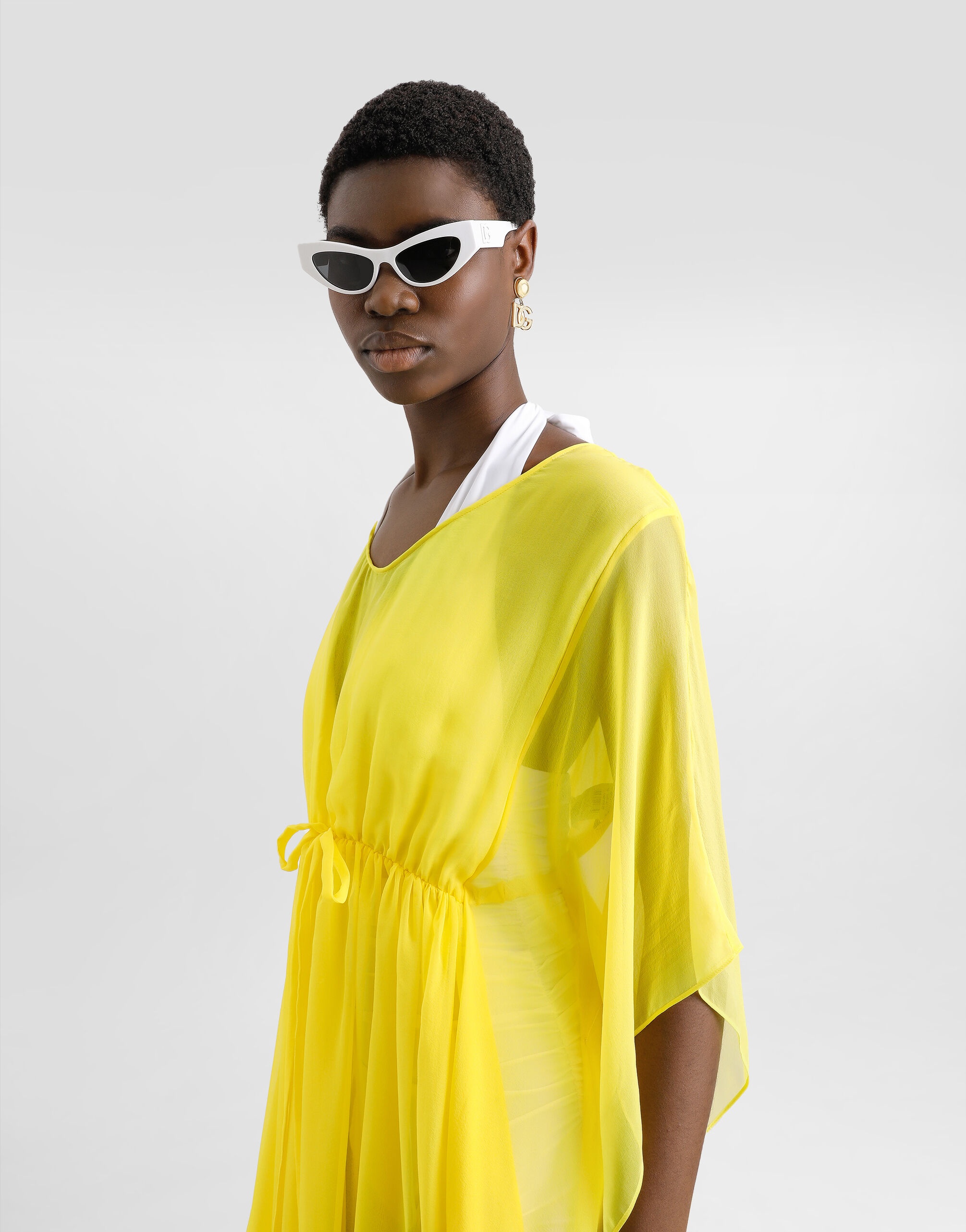 Short silk chiffon caftan with drawstring - 4