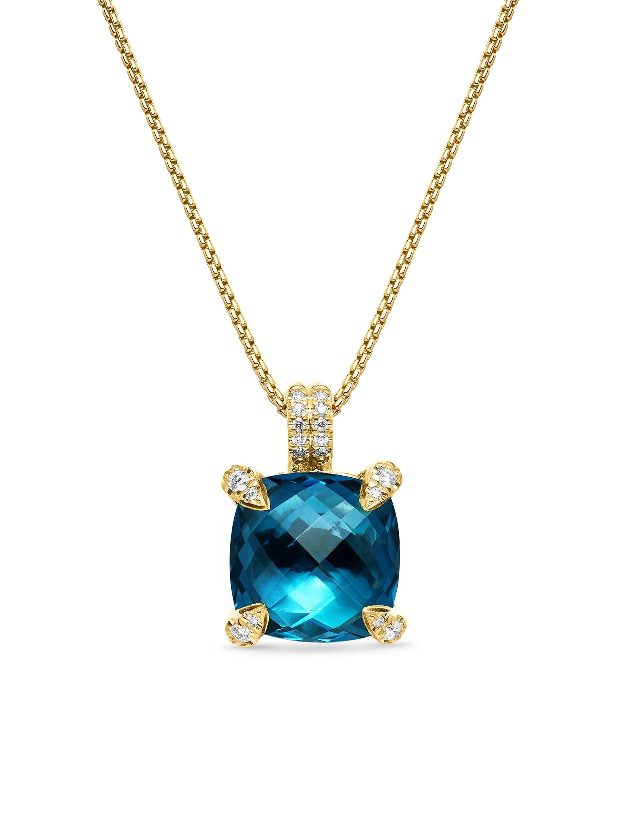 Women's Chatelaine Pendant Necklace in 18K Yellow Gold with Pavé Diamonds - Hampton Blue Topaz - 1
