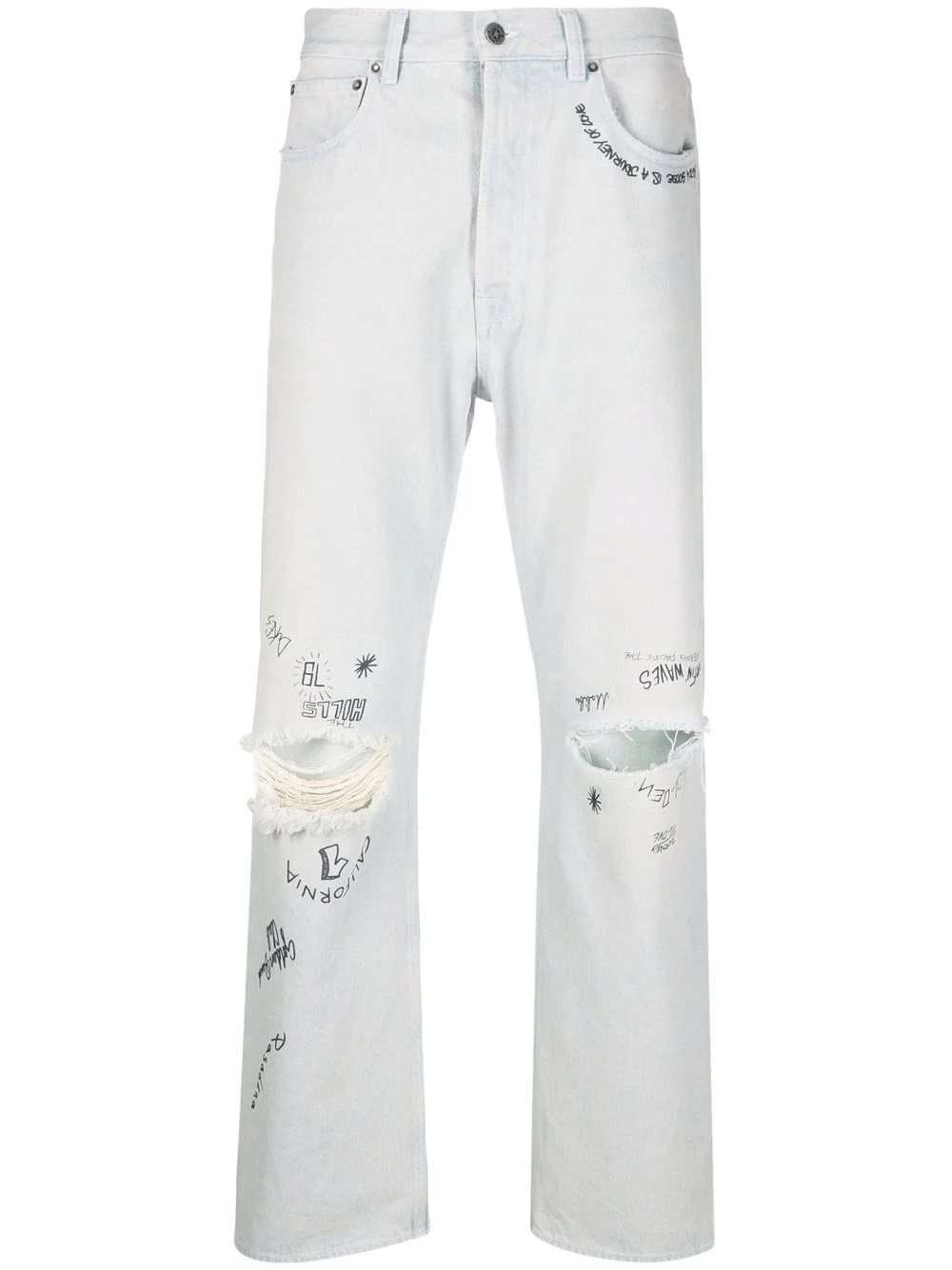 distressed-effect text-print straight-leg jeans - 1