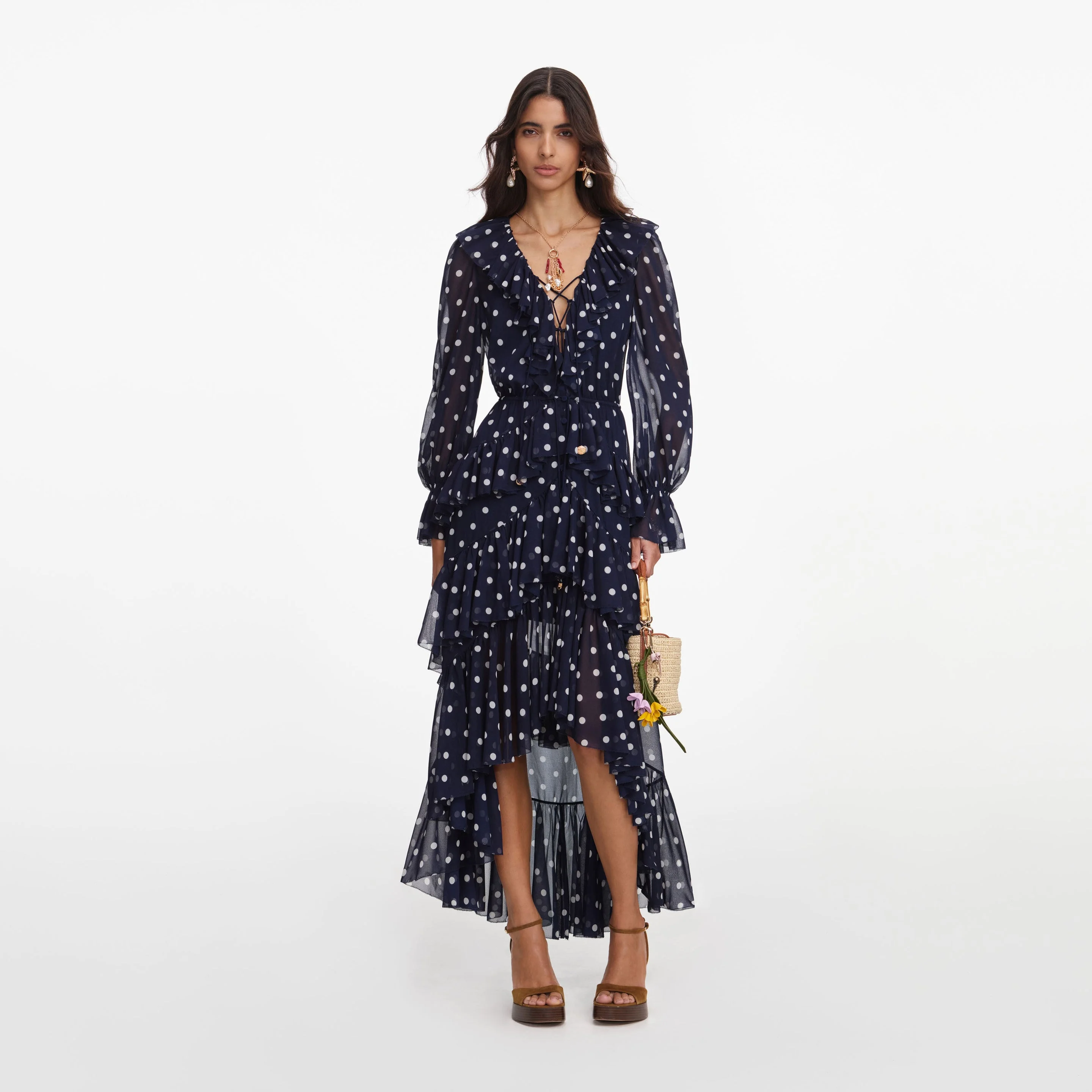 Polka Dot Georgette Ruffle Maxi Dress - 1