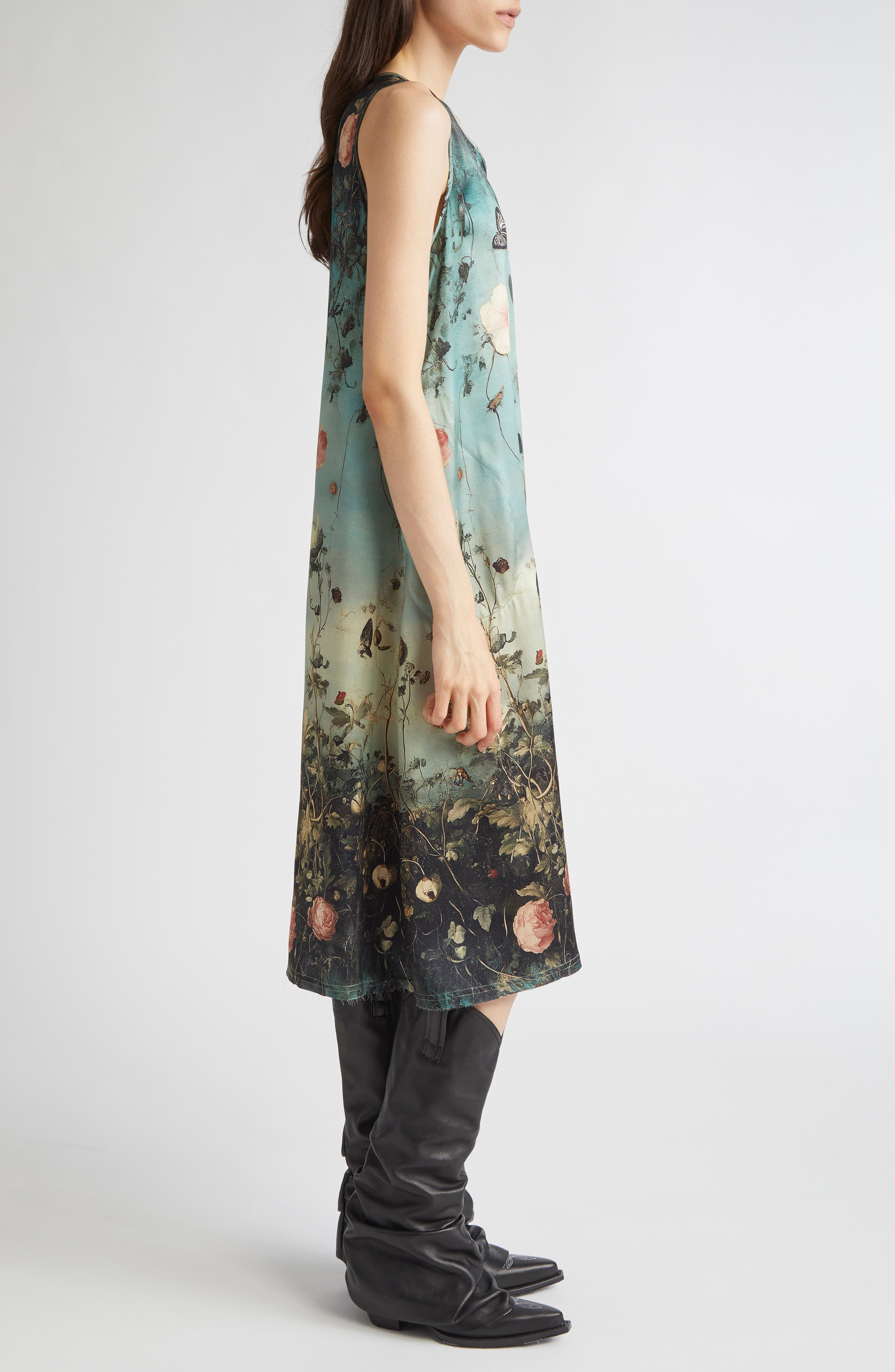 R13 Floral Print Sleeveless Midi Dress in Dipped Black Turquoise Floral at Nordstrom - 3