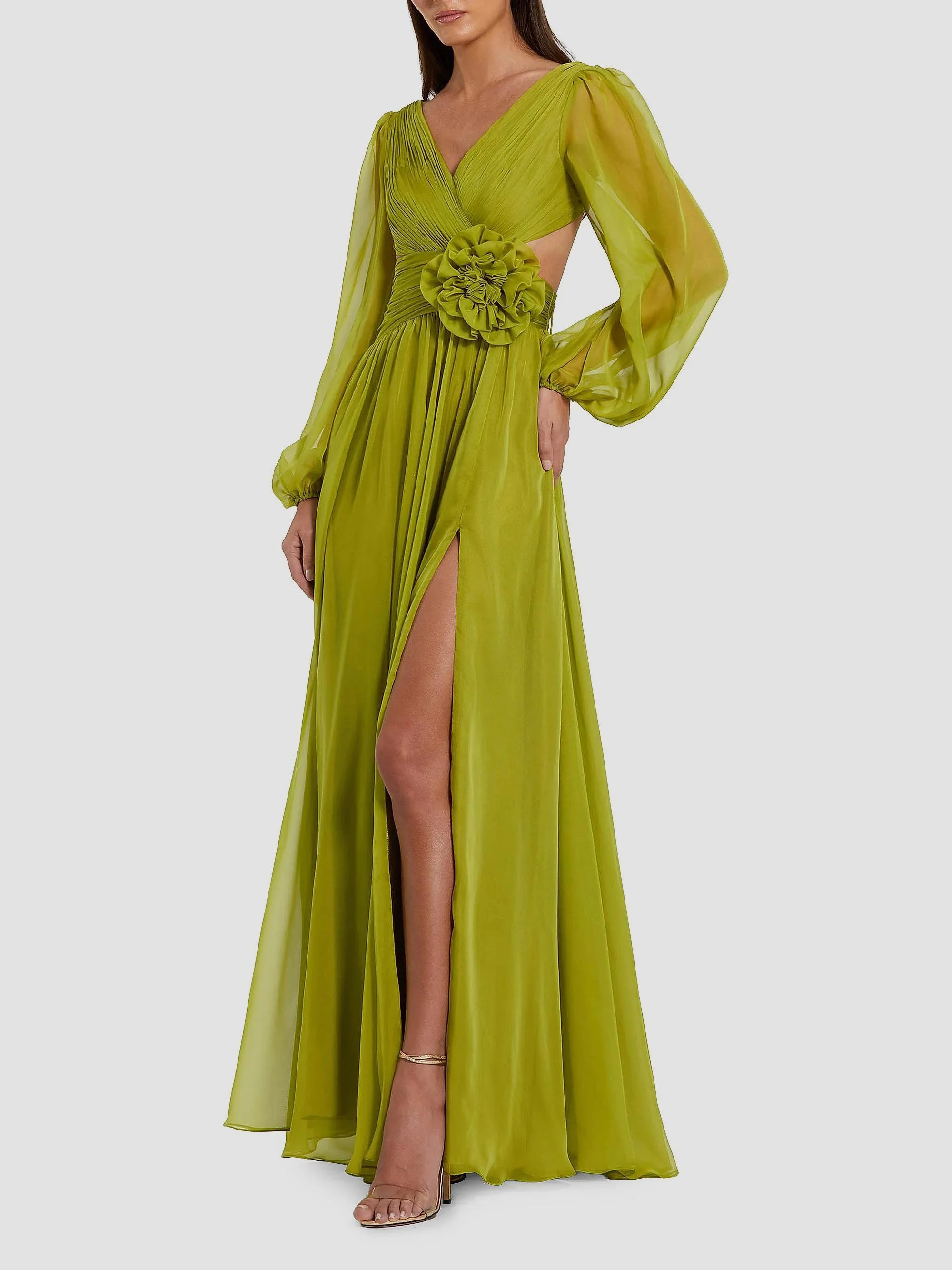 Women's Ruched Chiffon A-Line Gown - Apple Green - 1