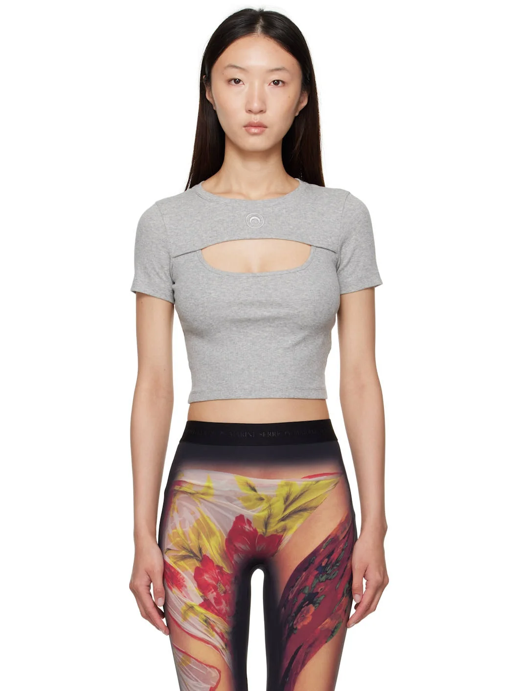 Gray Moon Logo Ribbed Jersey Cut-Out T-shirt - 1