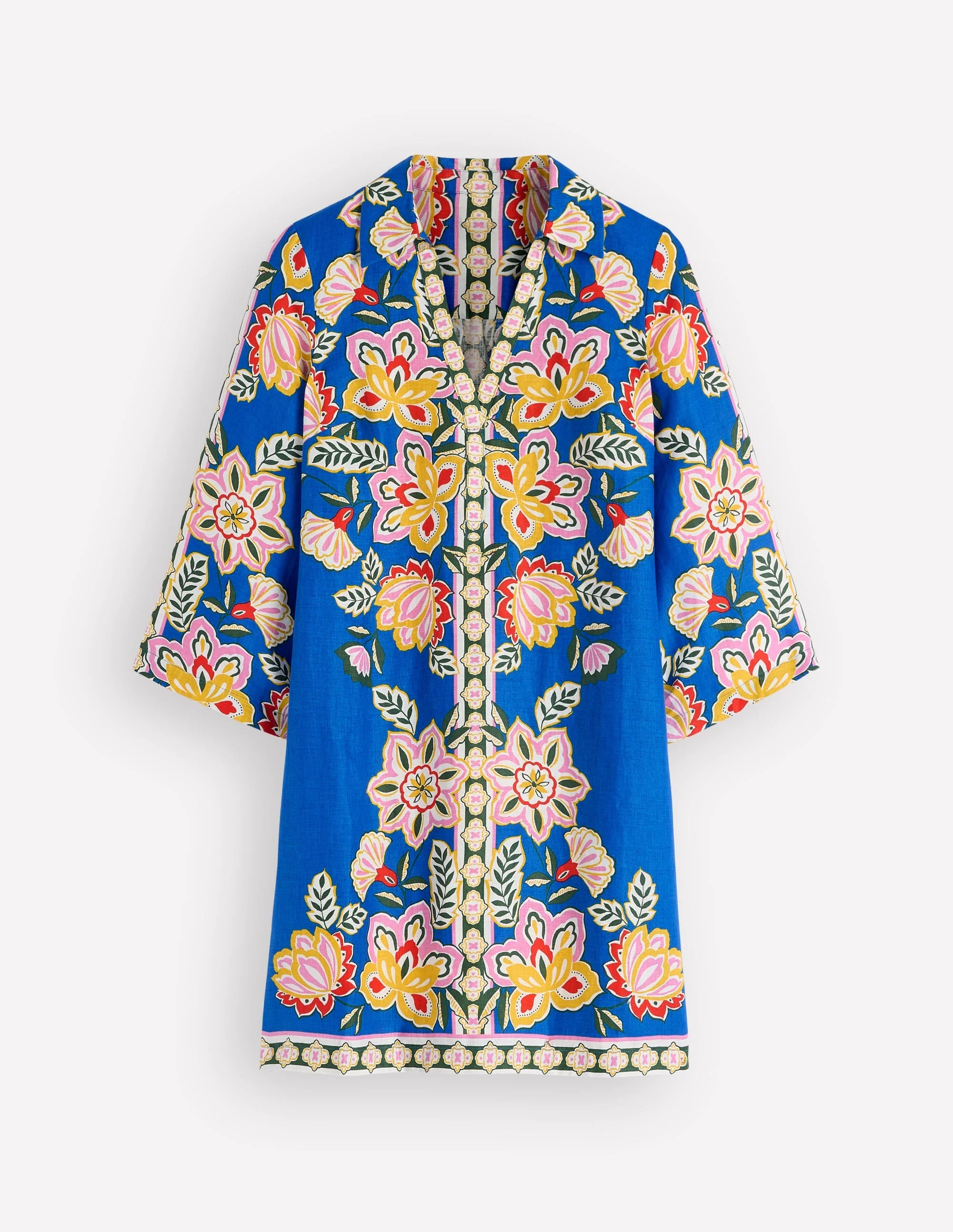Carmen Linen Short Dress-Blue Blossom Elegance - 1