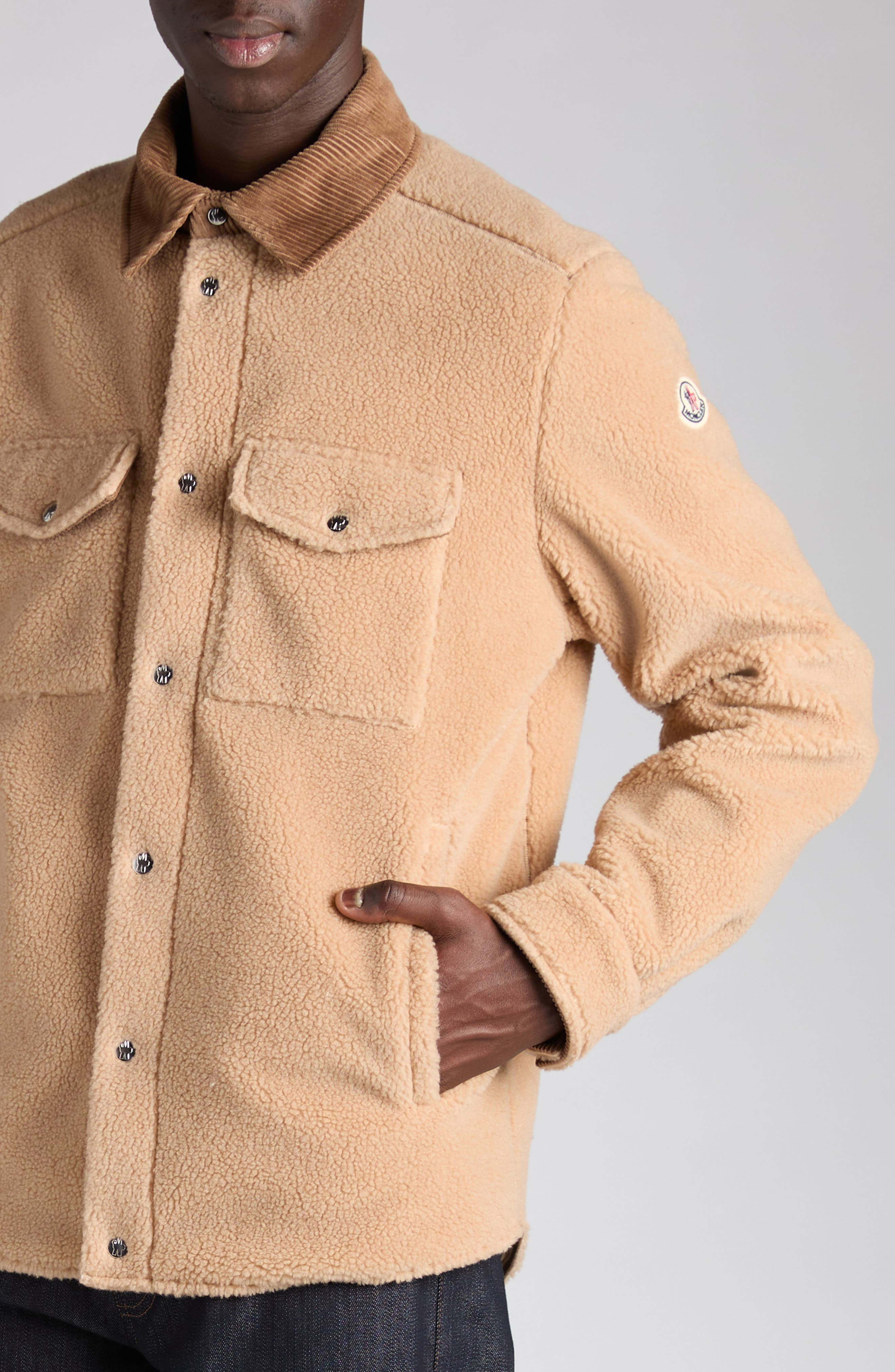 Moncler High Pile Fleece Shirt Jacket in Latte at Nordstrom - 4